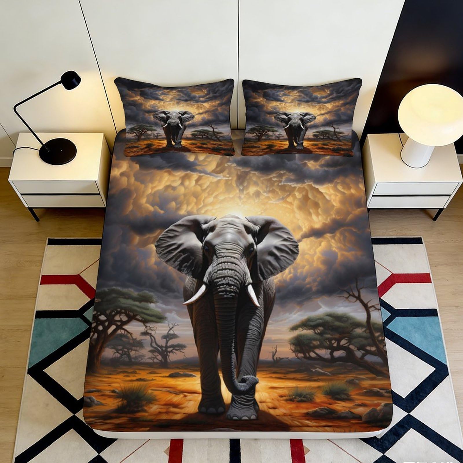 3D Printed African Elephant Fitted Sheet Microfiber Soft Breathable Sunset Savannah Mattress Cover Bedroom Decor 90x200x25cm