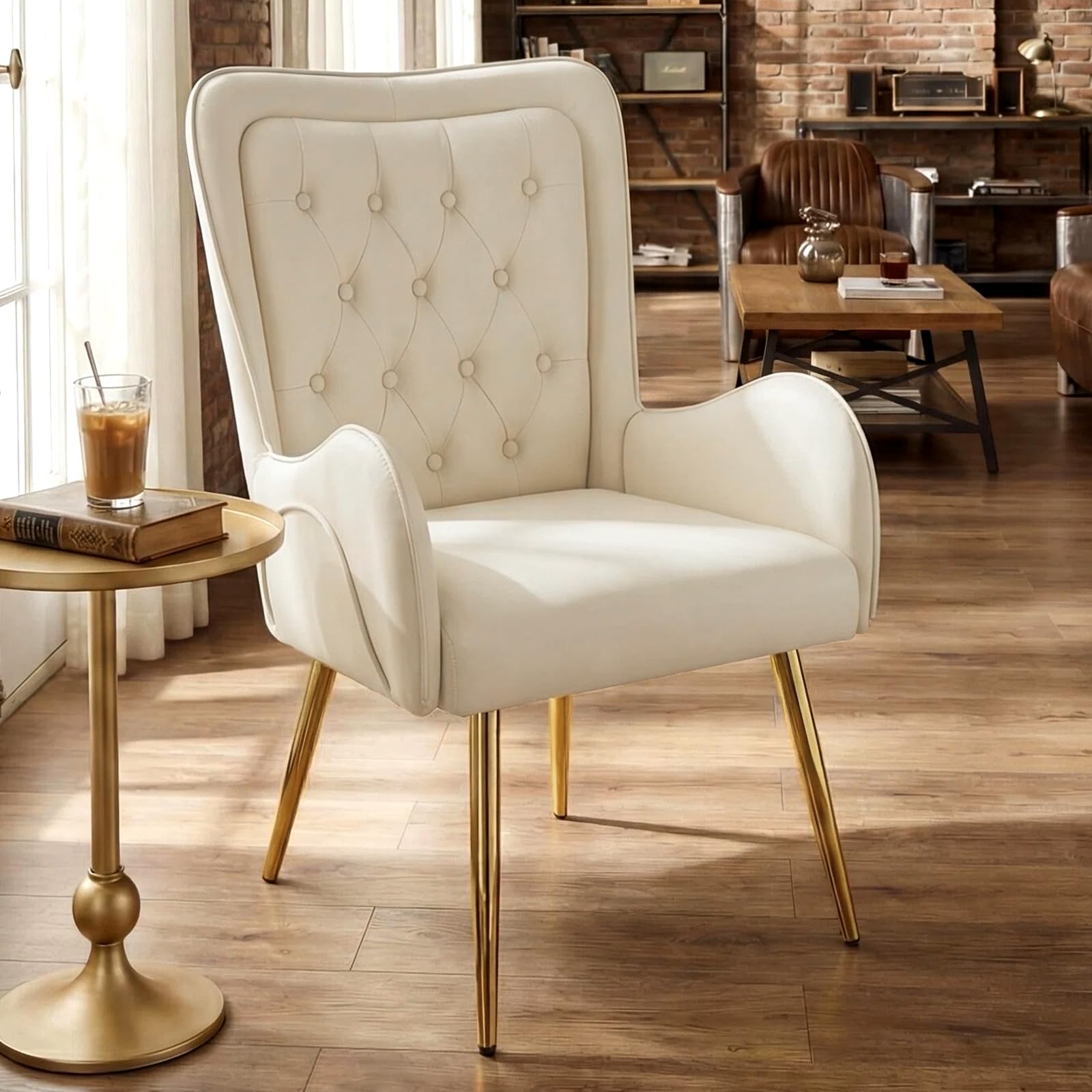 Hellove Poltrona e Poltroncina Salotto, Poltrone Moderne in Pelle – Sedia Poltrona e Sedia Trucco – Poltrona Camera da Letto con Piedini Oro – Poltroncina da Camera per Relax e Lettura, Beige