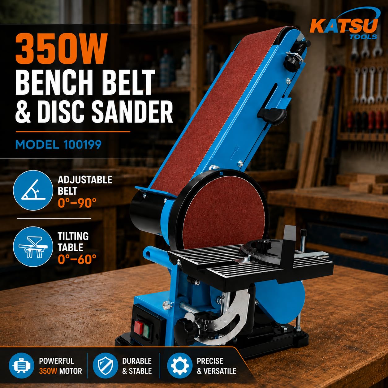 KATSU Tools Correa de banco y lijadora de disco de 350 W, disco de 150 mm, cinta de lijado de 100 x 914 mm, mesa ajustable y extracción de polvo, ideal para madera, metal, plástico, modelo 100199
