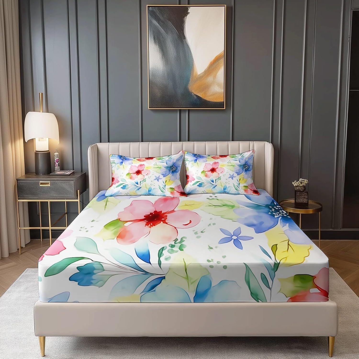 Watercolor Flowers Fitted Sheet Leaves Bed Sheets Deep Pocket 12 inch (30 cm) Soft Cozy 3 Piece Microfibre Bed Sheet 200x200 cm with 2 Pillowcases 50x75 cm