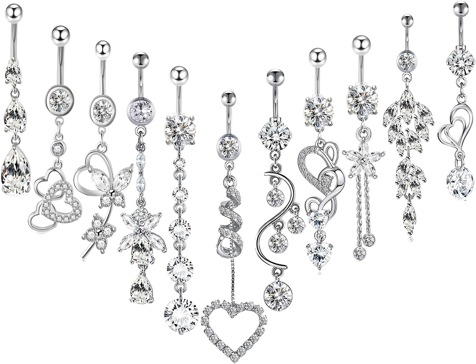 TIANCI FBYJS14G Women Belly Button Rings Surgical Stainless Steel Belly Rings for Gril 10mm Belly Bar Body Piercing Navel Jewelry 11pcs