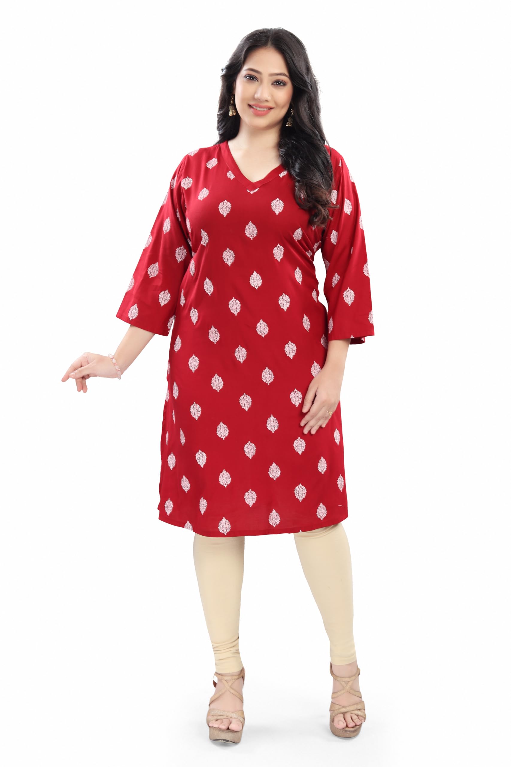 Floral Printed Rayon Kurti | Side Pocket | V-Neck | 3/4 Sleeves | Regular Fit | Casual, Office L, XL, XXL-image-48