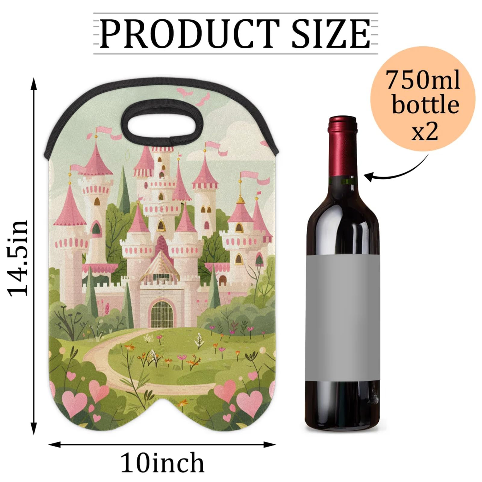 GzLeyigou 2 Bottles Castle Pink Wine Bag Sleeve Totes Neoprene Protective Wine Carrier Bag for Wine,Water, Champagne, Beer, Baby Bottles,Gift 14.5 x 10 Inches
