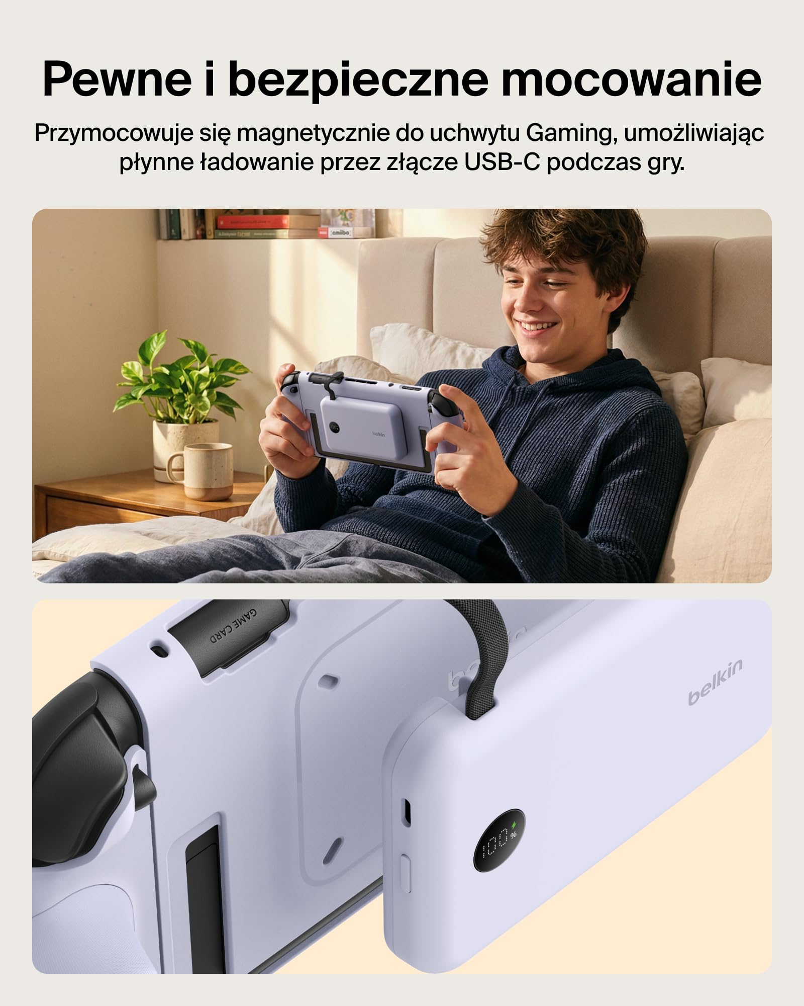 Belkin Gaming Uchwyt Ładujący do Nintendo Switch 2, 10 000 mAh – Fioletowy | Odłączany Powerbank Magnetyczny 10 000 mAh, 30 W, Zgodny z Podpórką, Ergonomiczny Uchwyt Antypoślizgowy, Wyświetlacz