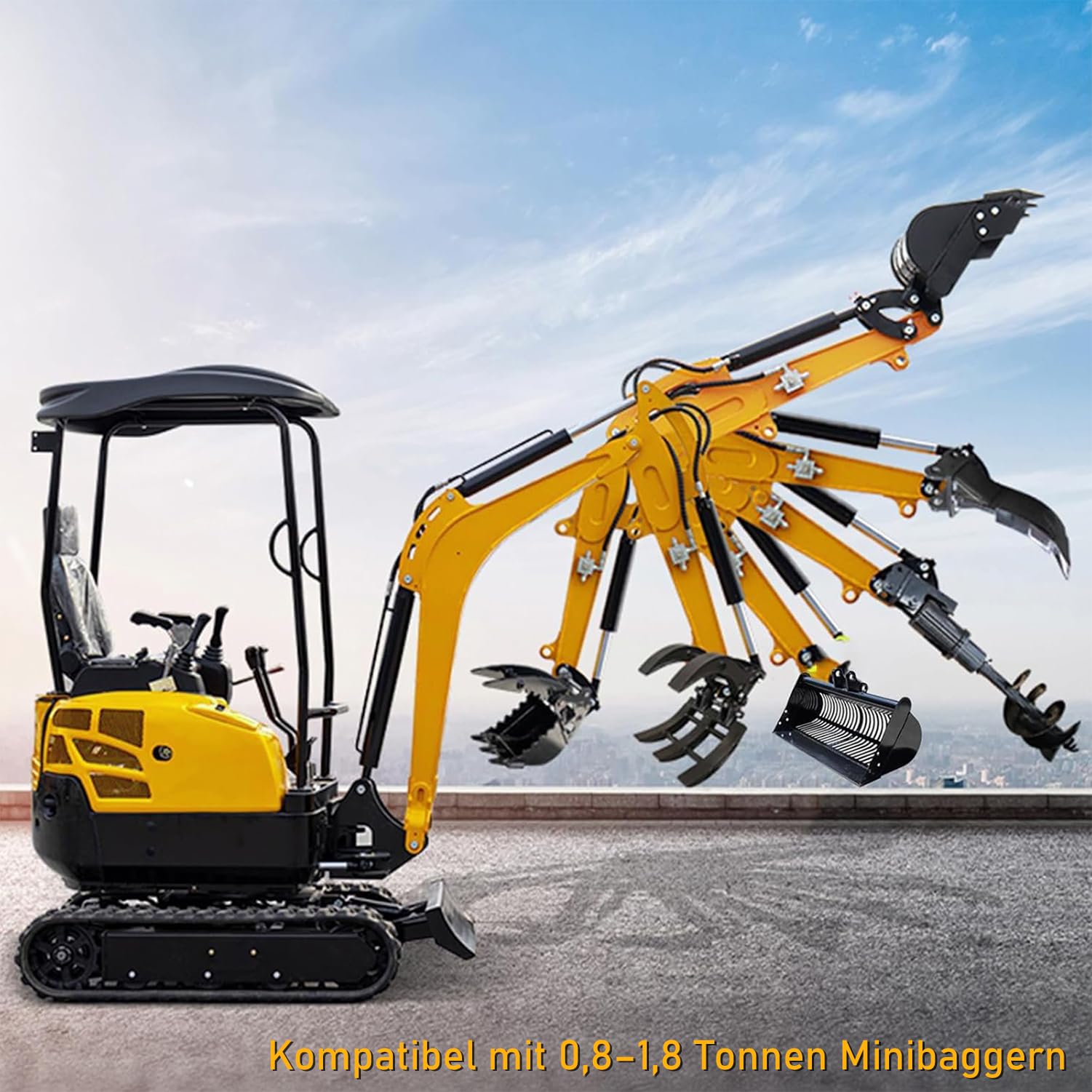 8-teiliges Minibagger-Anbaugeräte-Set 0,8–2 t, Löffel 20/60/80 cm | Schnellwechsler, Greifer, Reißzahn, Hydraulik-Erdbohrer, Wurzelrechen, Manganstahl, 6 Bolzen, Versand aus DE-Lager