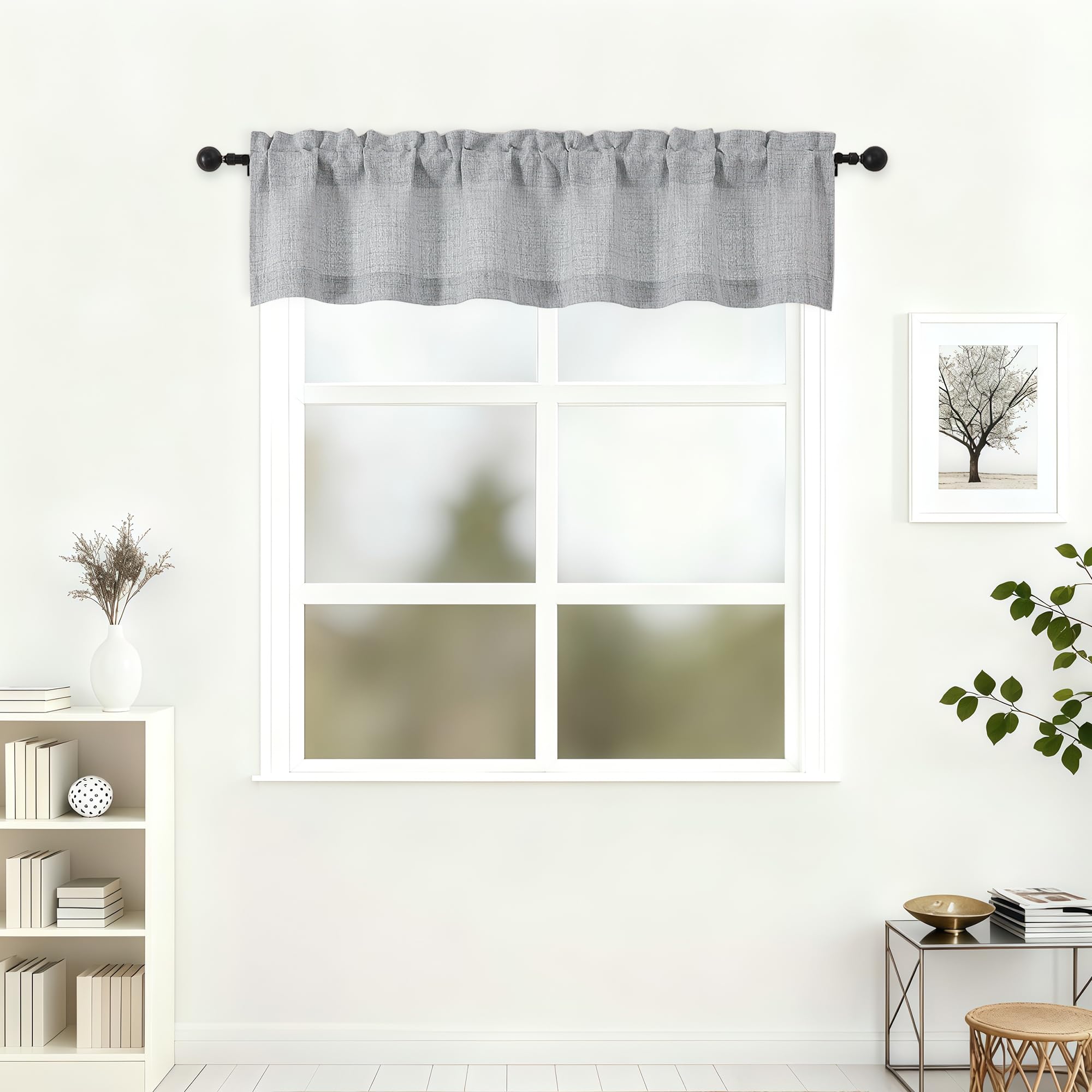 Photo 1 of Lecloud Grey Valance for Window 12 Inch Length, Light Filtering Faux Linen Textured Soft Kitchen Curtains, Rod Pockets Short Airy Drapes for Bathroom Basement Farmhouse, 60" W x 12" L 1 Panel