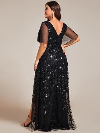 Ever-Pretty Women's Sequin Short Sleeve Plus Size Formal Dresses A Line High Low Slit V Neck Evening Dress