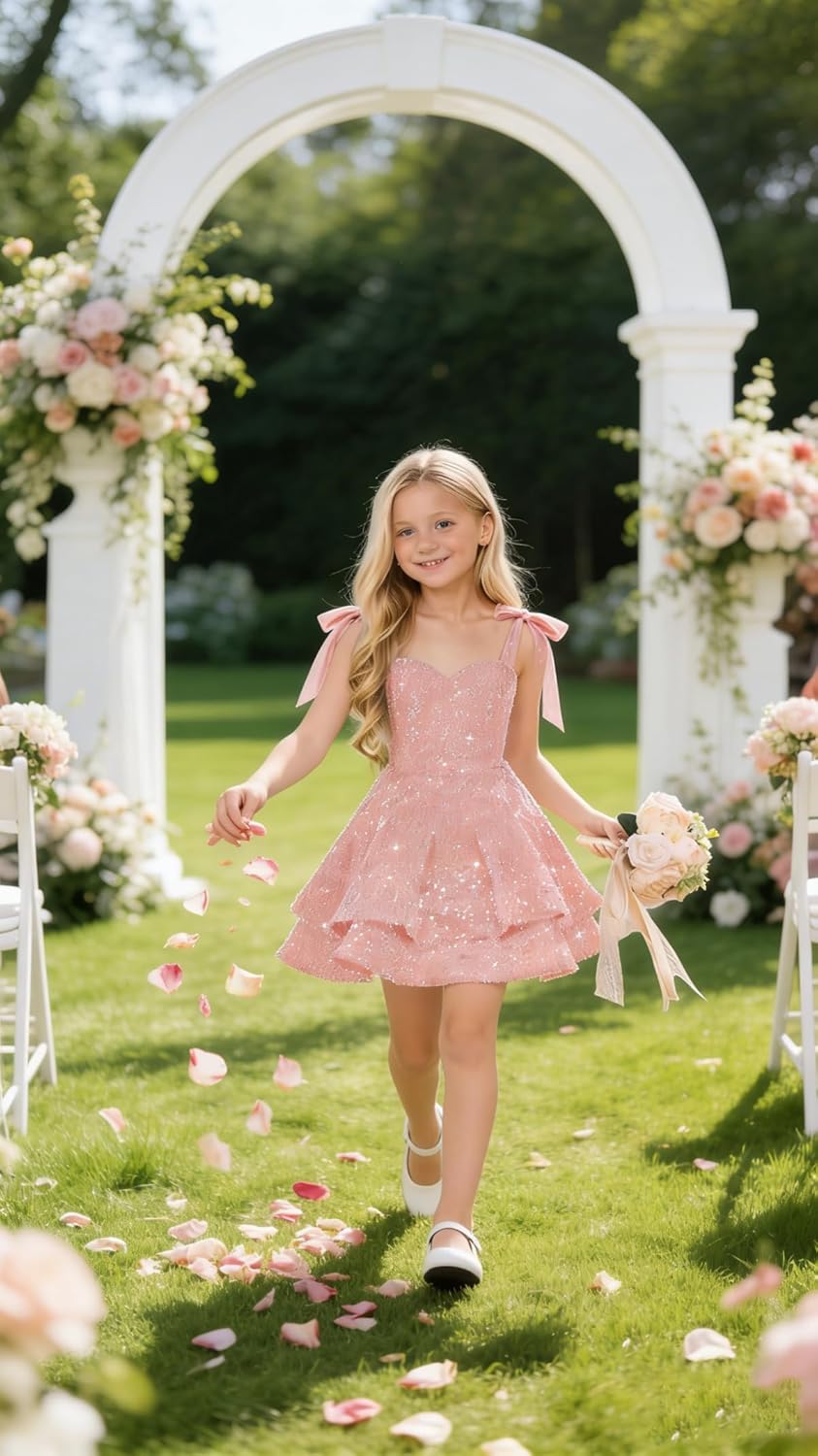 Sparkly Sequin Flower Girl Dress Tiered Cute Bow Spaghetti Straps Sweetheart Toddler Formal Dresses 2026