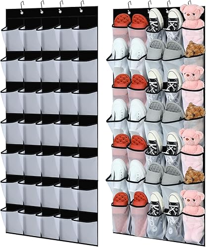 2 piezas de 70 bolsillos grandes de malla negra sobre la puerta, organizador de zapatos para colgar detrás de la puerta, soporte antideslizante para