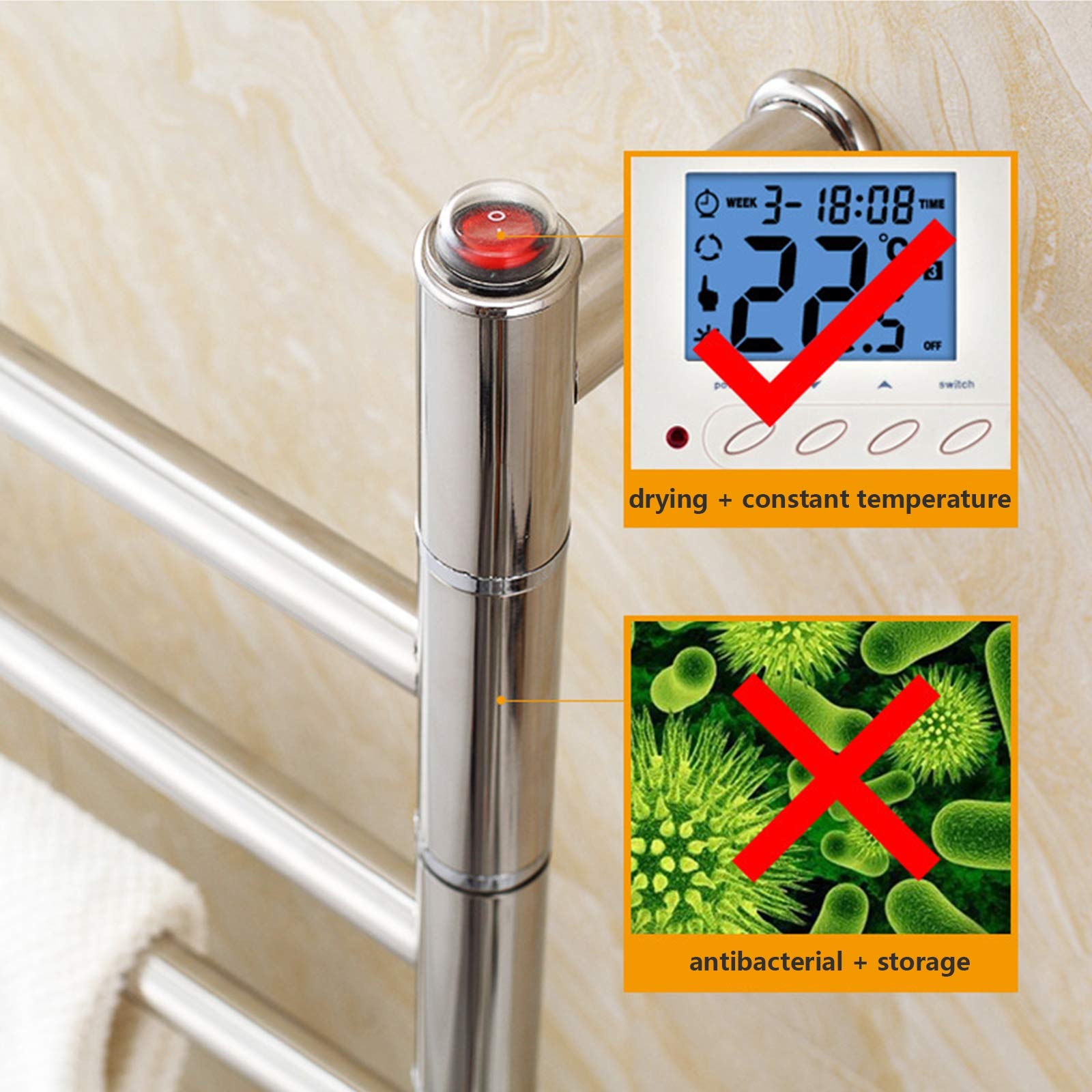 Scaldasalviette Elettrico A 4 Barre per Bagno, Scaldasalviette Girevole Portatile da Parete, Scaldasalviette in Acciaio Inox 304, A Risparmio Energetico, 51 W, Cablato