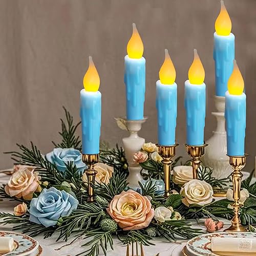 Miniatura 2 de Velas cónicas cortas a batería, llama parpadeante, vela cónica sin llama de cera real primitiva, vela corta con temporizador, vela LED borgoña de