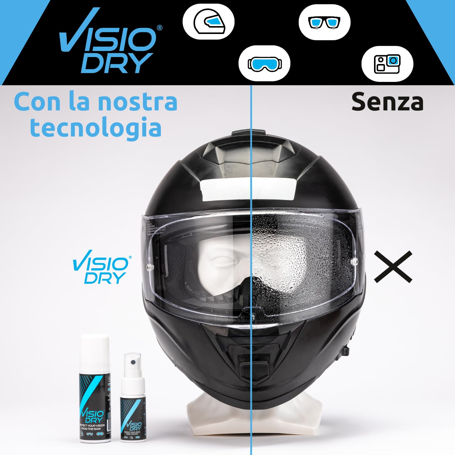 Aerosol antipioggia Visiodry – Occhiali, maschere & visiere – visione nitida con pioggia – 75 ml – VDA107