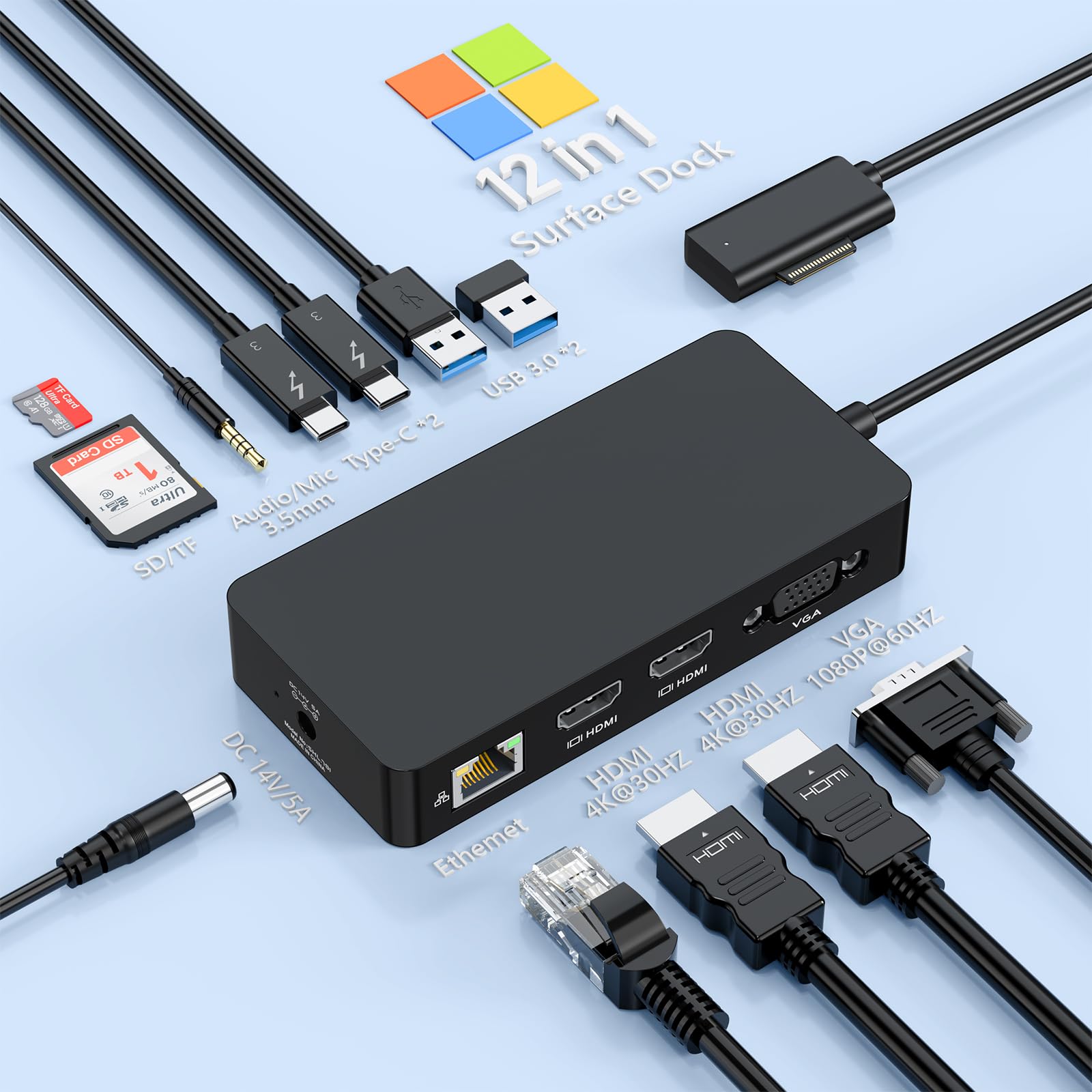 Surface Dock 2, 12-in-1 Surface Docking Station Triple Display mit Dual HDMI 4K@60HZ+VGA, Surface Dock Station für Surface Pro 11/10/9/8/X/7/6/5/4/3, Surface Laptop, Surface Book, Surface Go
