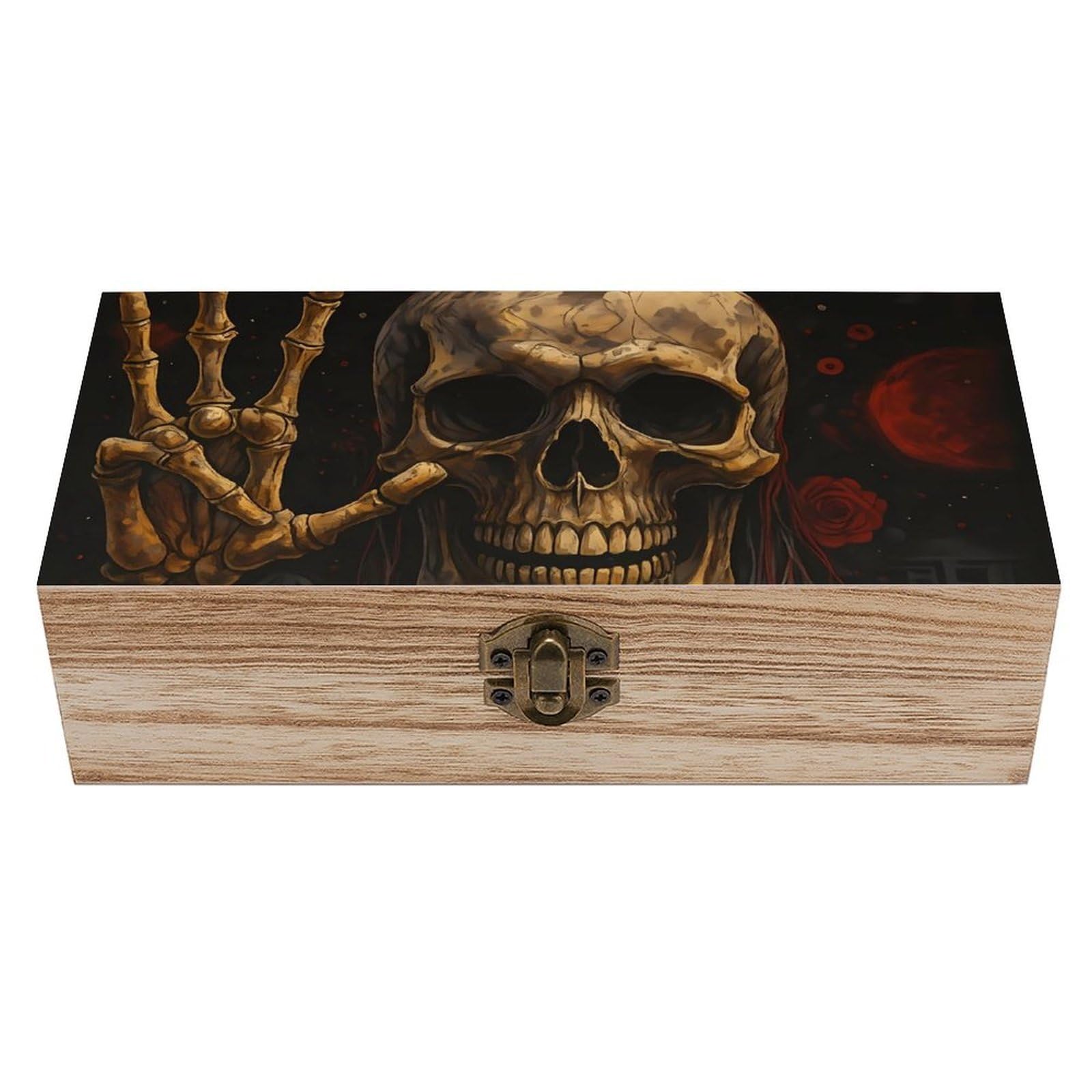 HLBSDM Halloween Skeleton & Red Flowers Retro Wooden Storage Box Jewelry Art Gift Boxs Decorative Keepsake Boxes