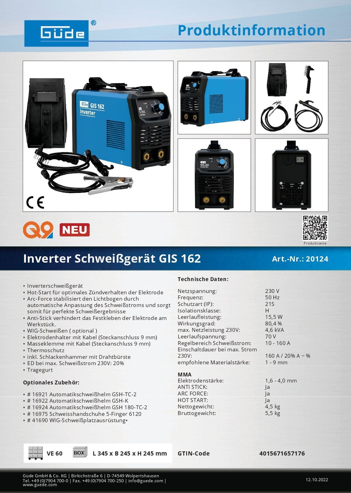 Güde Inverter Schweißgerät GIS 162 (230 V, 15,5 W Leerlaufleistung, 5,0 kVA max. Netzleistung, 10-160 A Regelbereich Schweißstrom, inkl. Elektrodenhalter, Masseklemme, Schlackenhammer & Schweißschild)