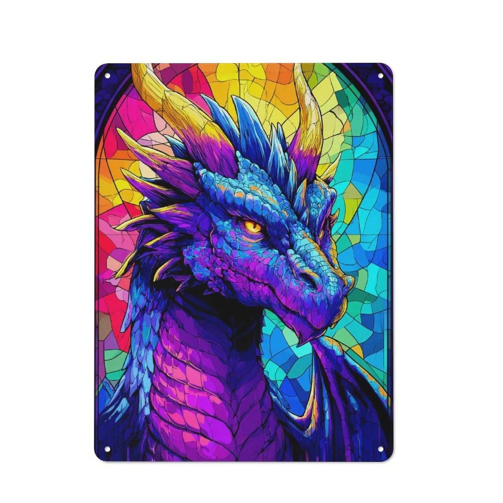 Junmoney Stained Glass Dragon Window -1 Vintage Tin Sign 40X30cm With For Bar Or Restaurant, For Kitchen, Dining Room And Home Bar Wall Decor