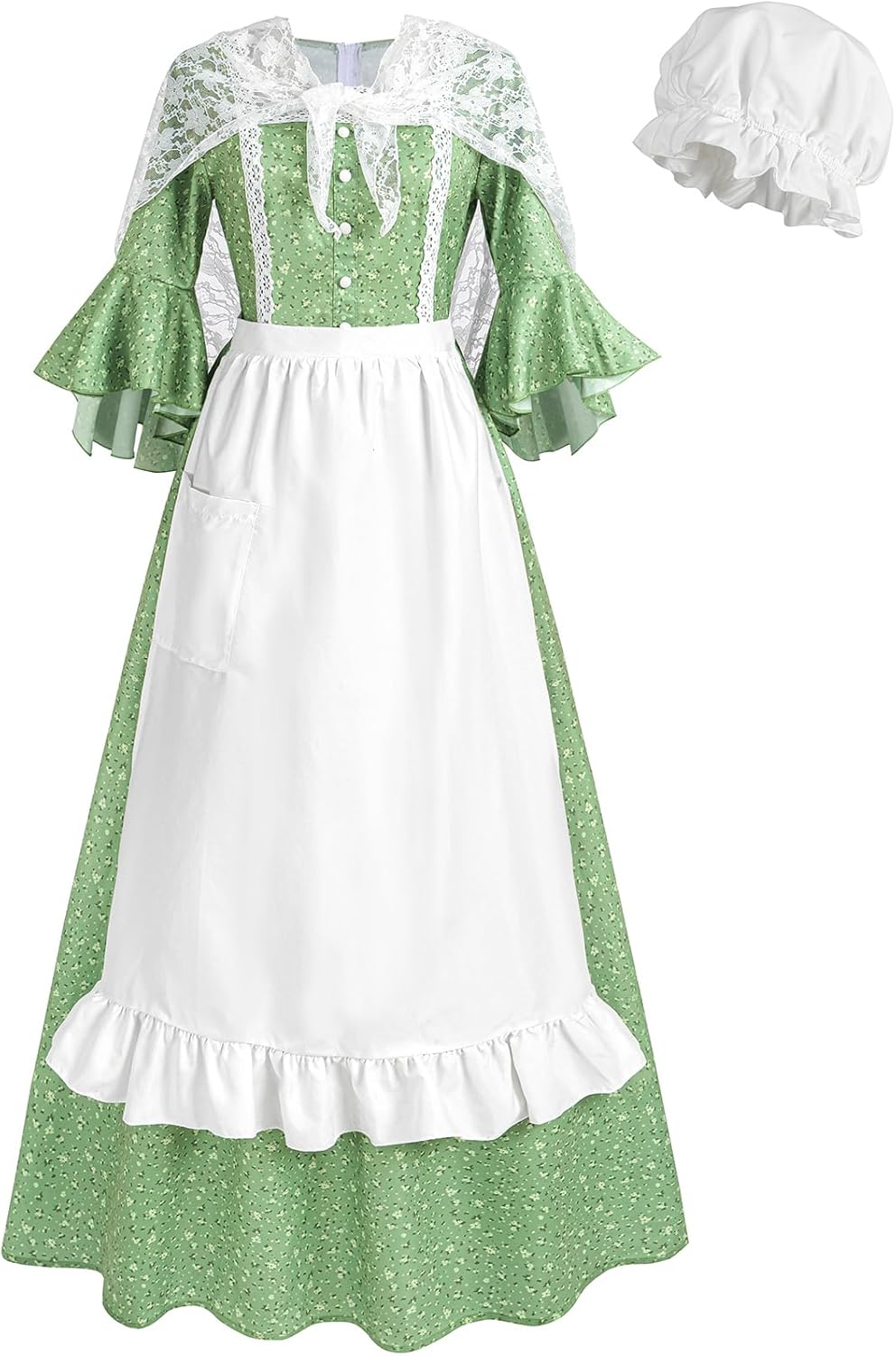 FCCAM Prairie Dress Women Floral Colonial Costume American Historical Pioneer Dresses with Lace Shawl