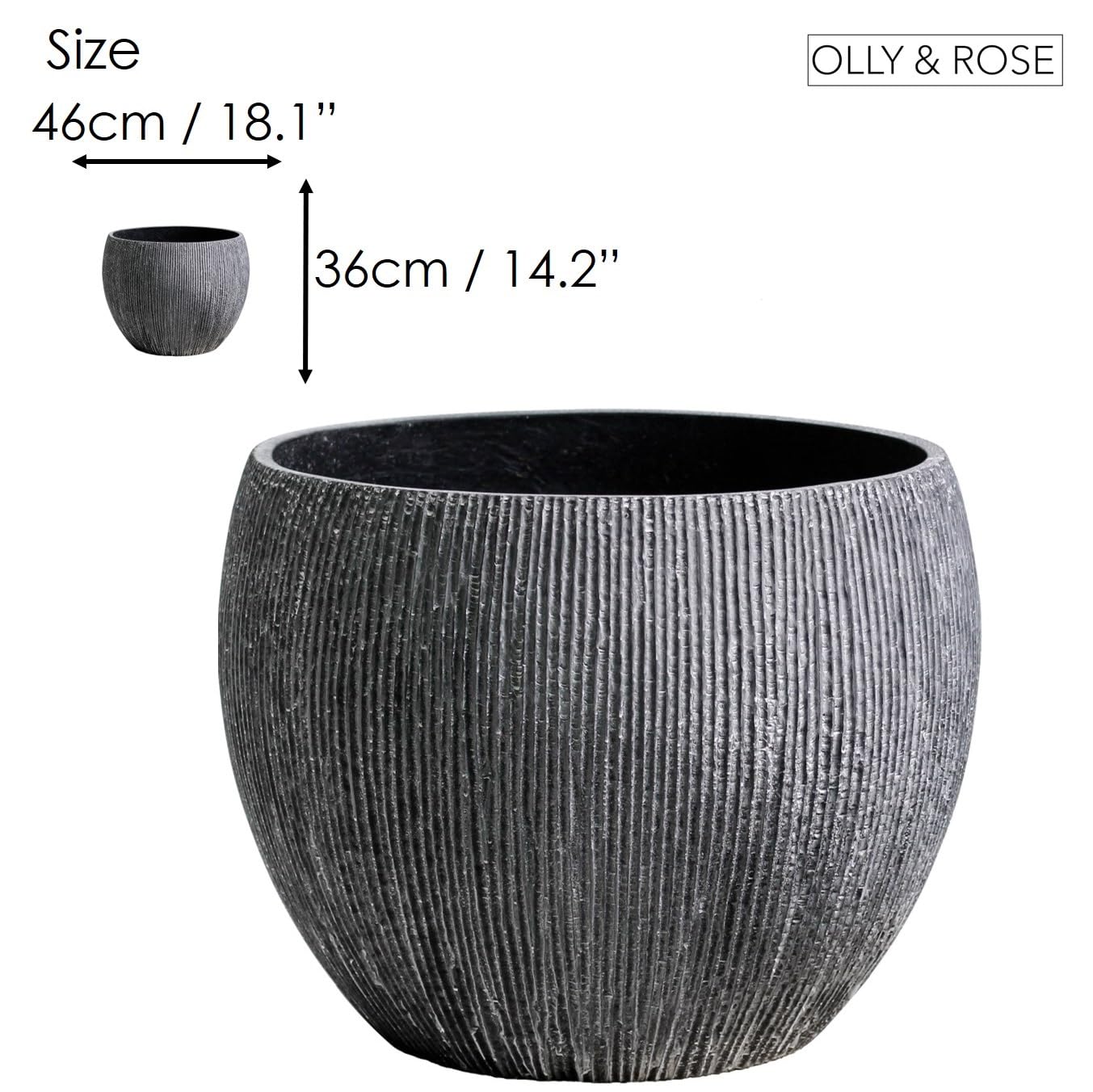 Olly & Rose Maceta Extra Grande – Maceta de jardín de carbón XL – Maceta de jardín XL con patrón Envejecido para Exteriores y macetas Grandes para Interiores – 46 cm