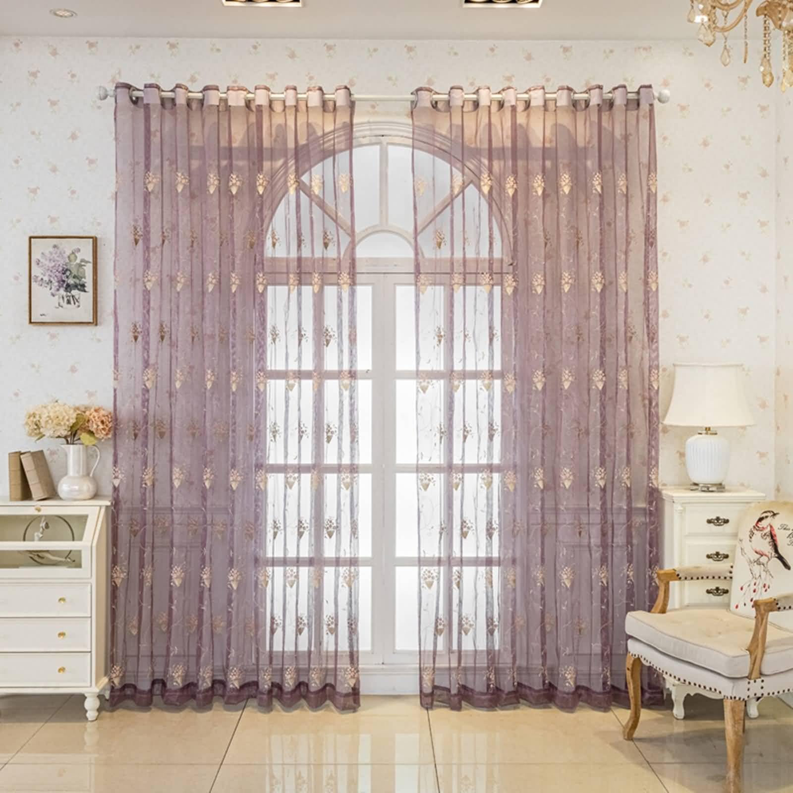 Cortinas 2 Piezas Traslúcidas,2 x 107W x 147H CM,Cortinas Ventana Visillos Púrpura Patrón Bordado Floral Cortinas Cocina con Ojales
