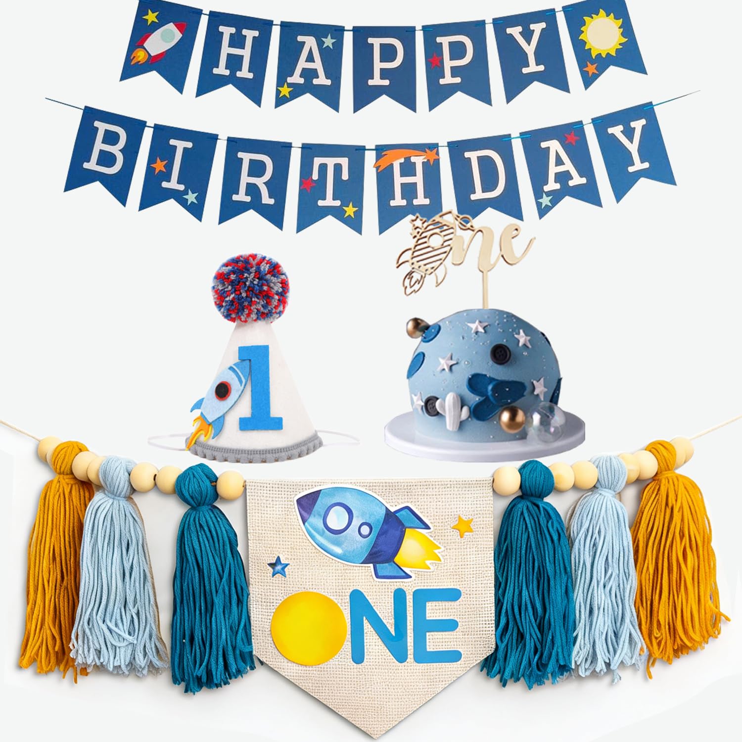 Outer Space 1st Birthday Decorations for Boys - Astronaut Happy Birthday Banner ，Rocket Space high chair banner，Space Cake Topper first trip around the sun decorations First Birthday Party Supplies — image 1