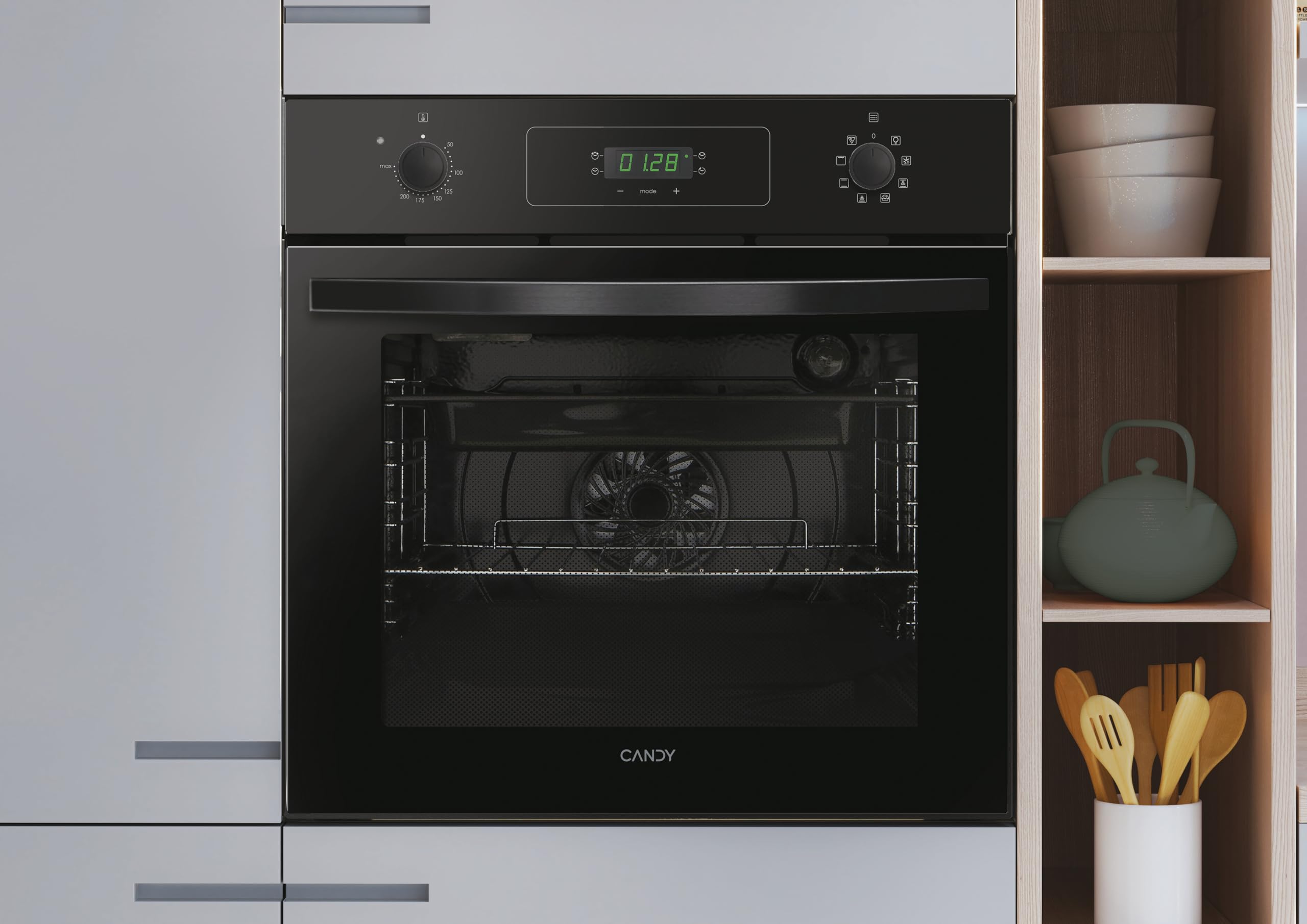 El horno Candy Idea FIDCP N615 L en acabado negro, destacando su diseño moderno y controles.