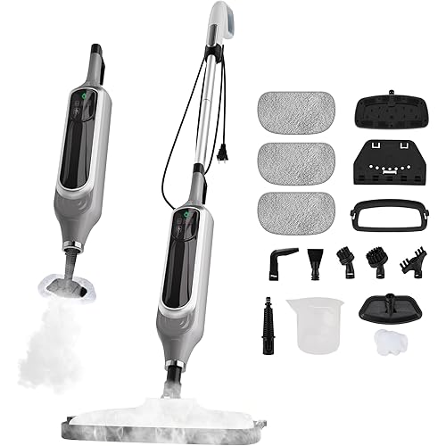 12-in-1 Steam Mop for Home with 350ml Water Tank & 23FT Power Cord, Detachable Handheld Steam Cleaner for Floor Cleaning, Windows, Tile Grout, Carpets, Furniture, Grey
