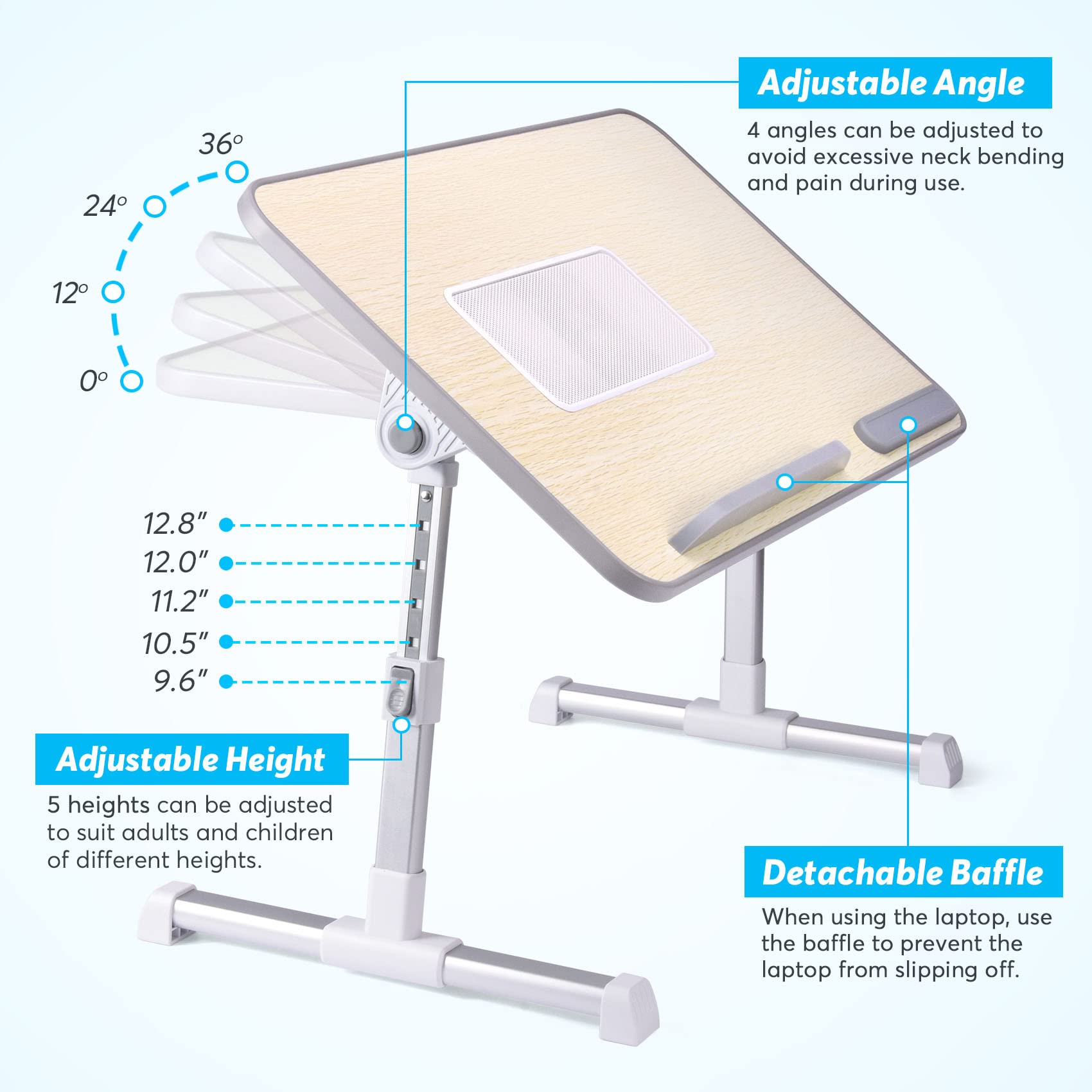 Slendor Laptop Desk Adjustable Laptop Stand Foldable Bed Table Portable Lap Desk Folding Notebook Stand Reading and Writing Holder Breakfast Tray with Drawer and Cooling Fan for Bed Couch Sofa Floor