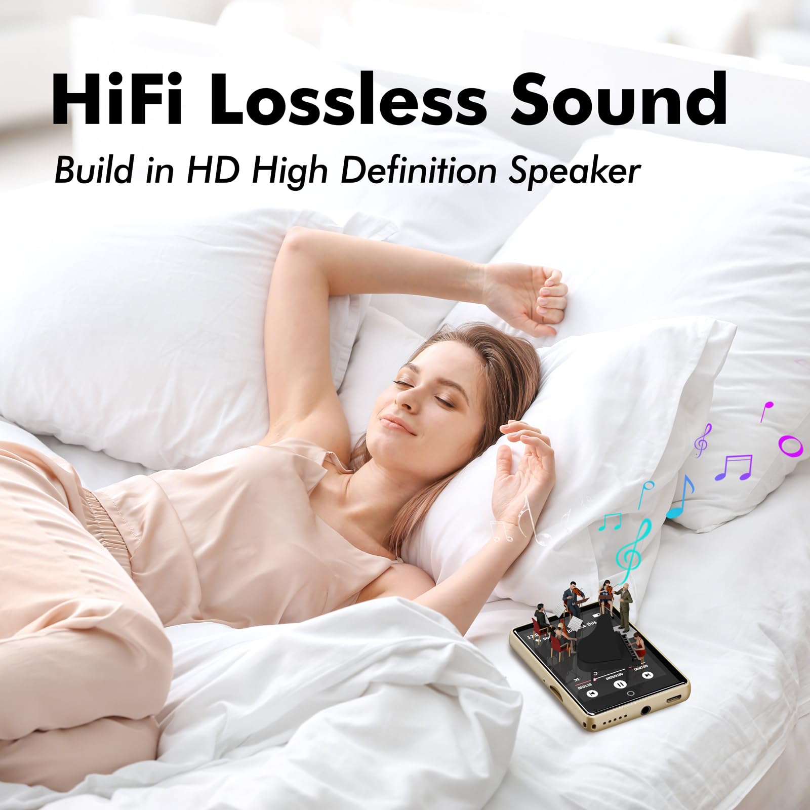 Lecteur MP3 Bluetooth 5.3 64Go 2.8" Écran HiFi Audio MP4 Baladeur Sport Radio FM Podomètre Enregistreur Carte 128Go Or