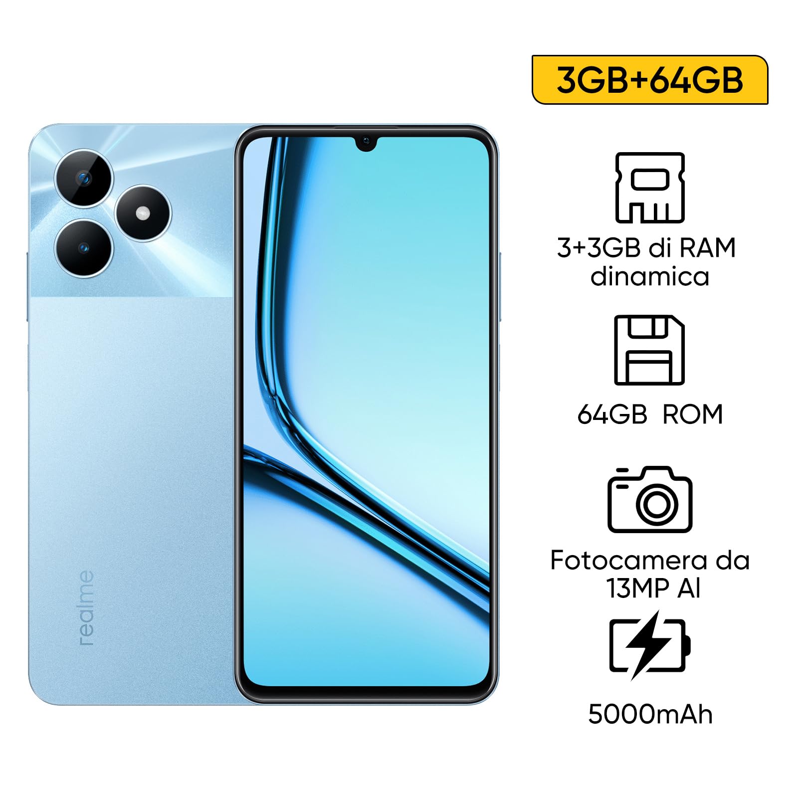 realme Note 50 Smartphone Android, 4G Cellulare Dual SIM, Display LCD da 6.74", 3GB RAM 64GB ROM, Batteria da 5000 mAh, 13MP, Blu, solo per Operatori GSM, NON compatibile con CDMA, senza Adattatore