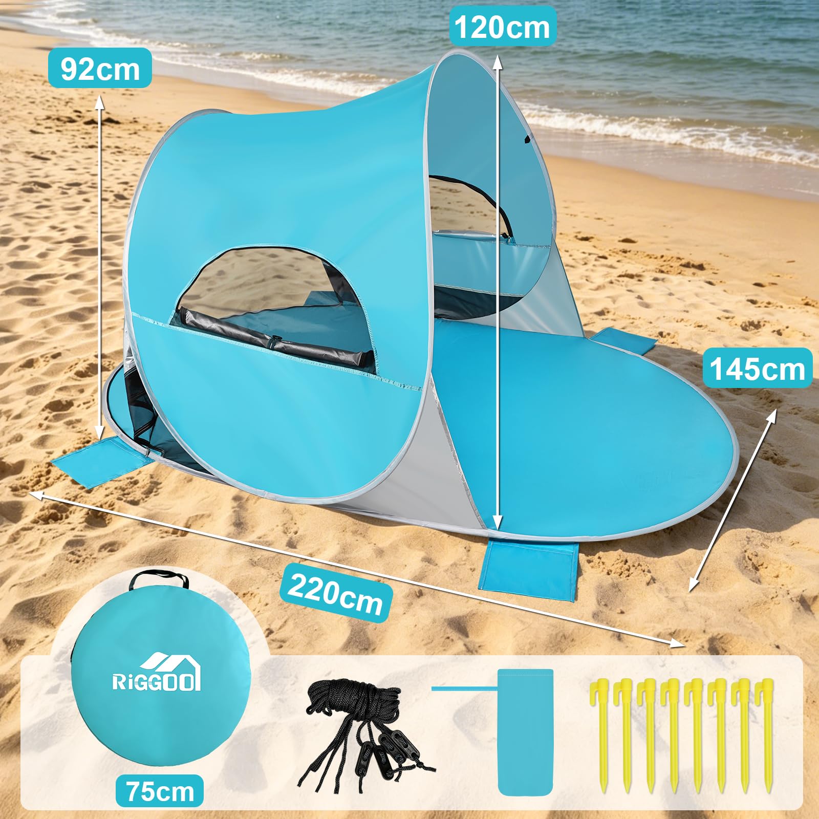 Strandmuschel Pop-Up Strandzelt mit UV-Schutz 50+, 3-4 Personen Zelt, Tragbar Windschutz & Sonnenschutz Wurfzelt Sonnenzelt für Baby Kinder Familie Strand Camping Garten