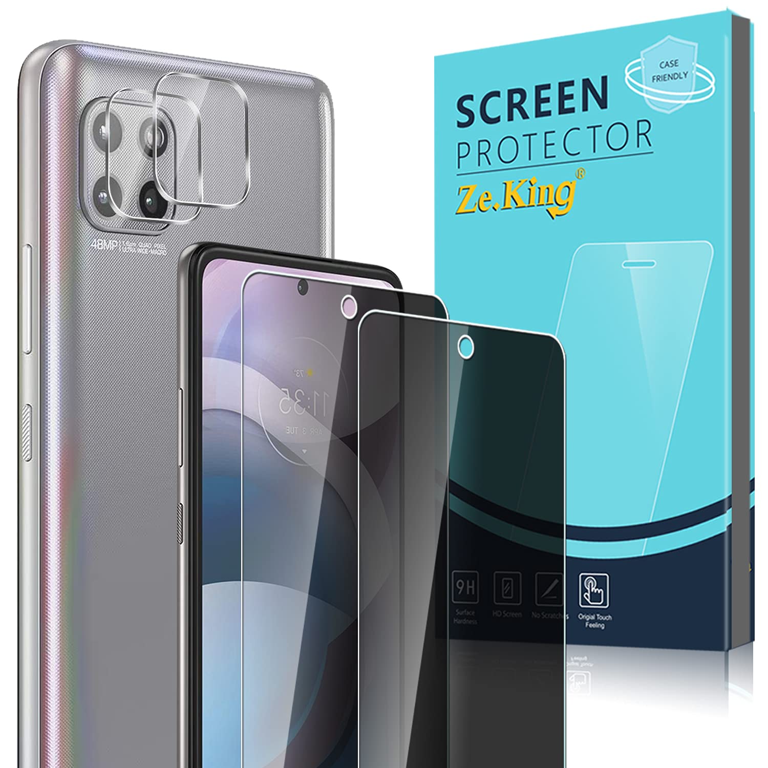 Zeking[2+2] Pack 2 Pack Privacy Tempered Glass Screen Protector + 2 Pack Camera Lens Protector for Motorola Moto G 5G/ Motorola One 5G Ace, Bubble Free [Anti-Scratch] HD Clarity 9H Hardness