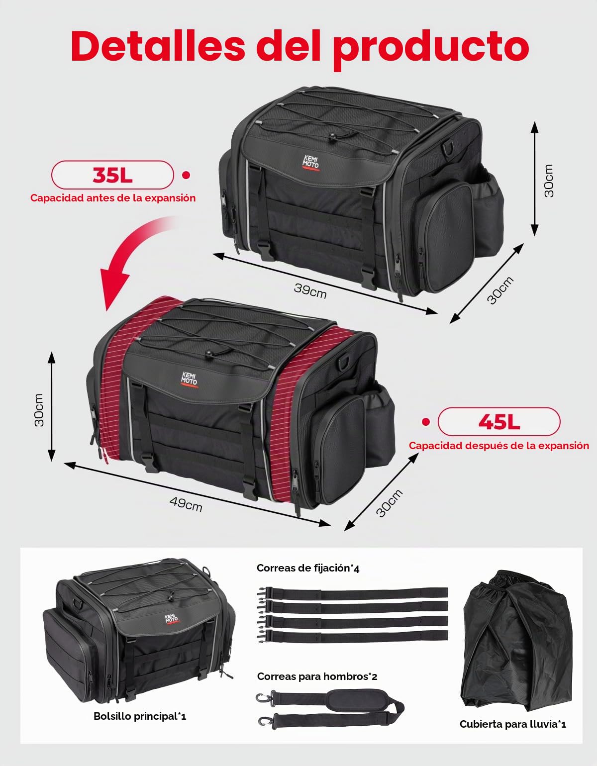 KEMIMOTO Bolsa para motocicleta 35-45 L, impermeable, gran capacidad, bolsa para sillín extensible, con funda para lluvia, fácil montaje, color negro