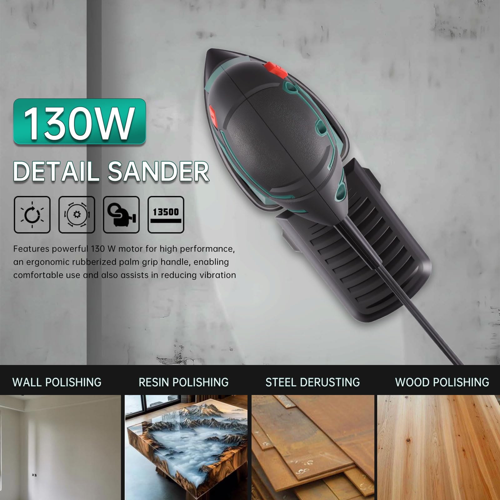 Ponceuses de Détail, POSENPRO 130W Ponceuse Electrique 13500 tr/min, Ponceuse Triangulaire avec Dépoussiéreur et 12 Abrasifs, Ponceuse Bois Parfaite pour les Bois et Acier