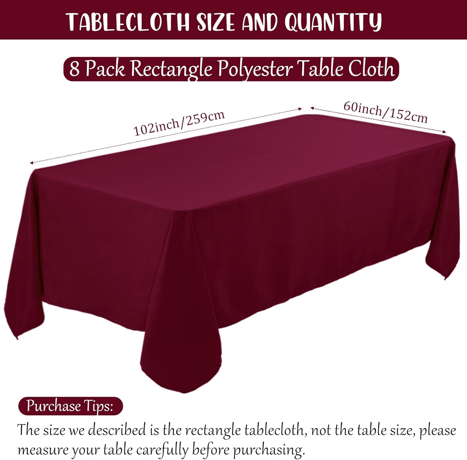8 Pack Premium Burgundy Tablecloth 60 x 102 Inch, Rectangle Table Clothes for 6 Foot Rectangle Table Washable Polyester Fabric Table Covers for Wedding Party Reception Banquet Buffet