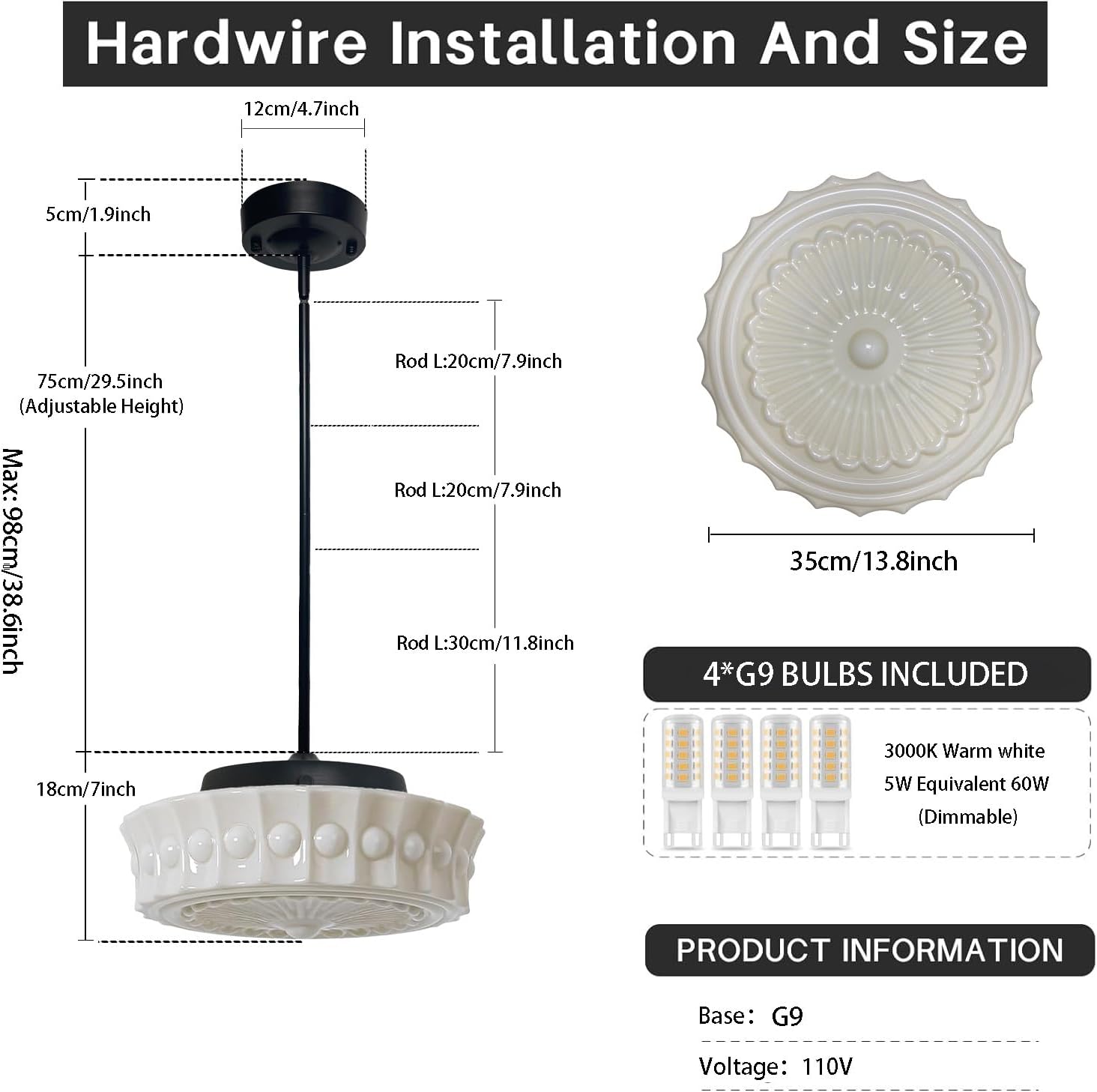 Vintage Glass Pendant Light, Mid-Century Modern Creamy Hanging Light Fixture with 14" Glass Shade, Adjustable Stem Industrial Ceiling Lamp for Kitchen Island, Dining Room, Entryway