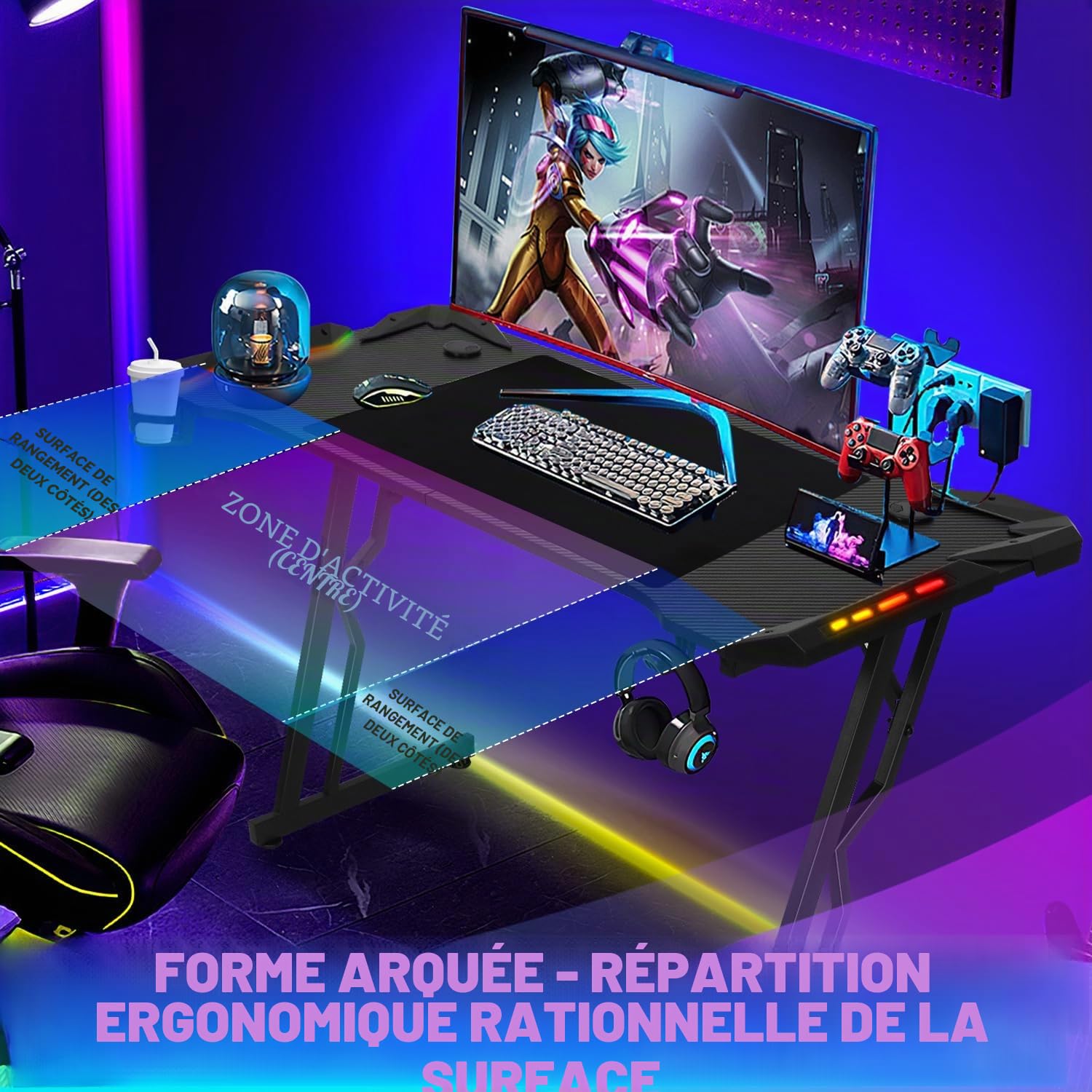 Bureau Gaming LED 140 x 60cm, Grande Bureau Gamer avec Un Plateau en Fibre de Carbone, Bureau Informatique Ergonomique avec Tapis de Souris, Porte-gobelet et Crochet pour Casque, Noir