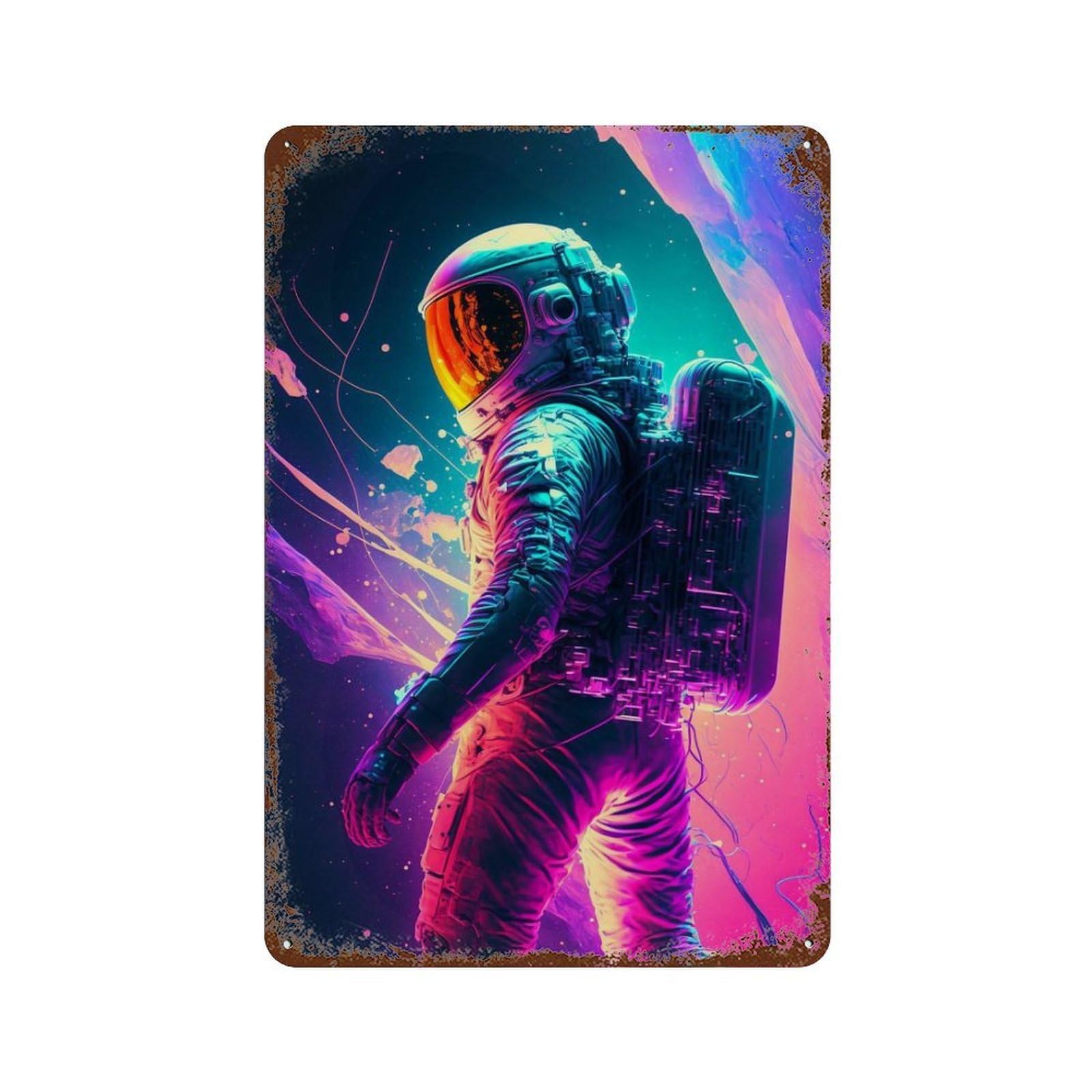 Neon Astronaut Adventure 11.8"x7.9" Vintage Rust Metal Sign, Novelty Wall Decor for Living Room, Hallway And Home Decor