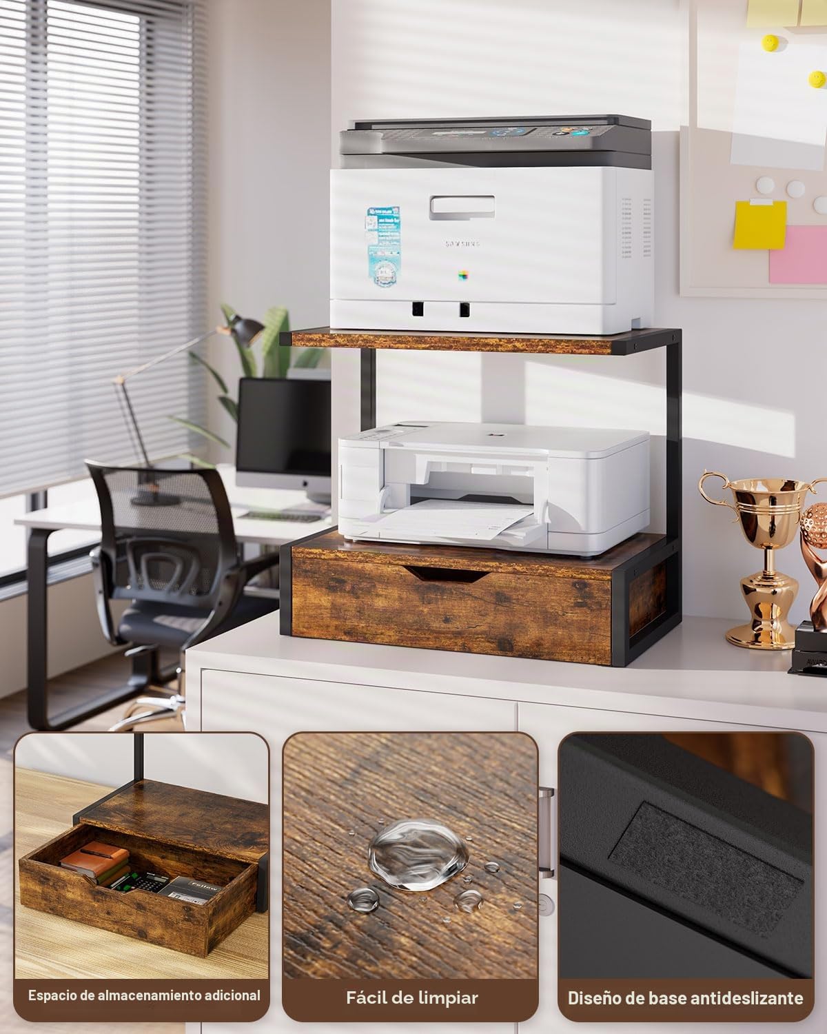 IBUYKE Soporte para impresora de escritorio multifunción, mesa con estante de almacenamiento, organizador para carpetas y libros, compatible con fax y escáner