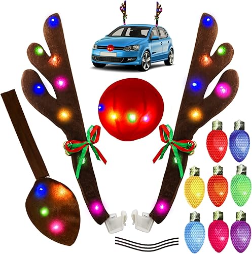 Juego de cuernos de reno para automóviles, cornamentas de reno de Navidad con luz LED de color, decoraciones de automóvil con cuernos, nariz roja,