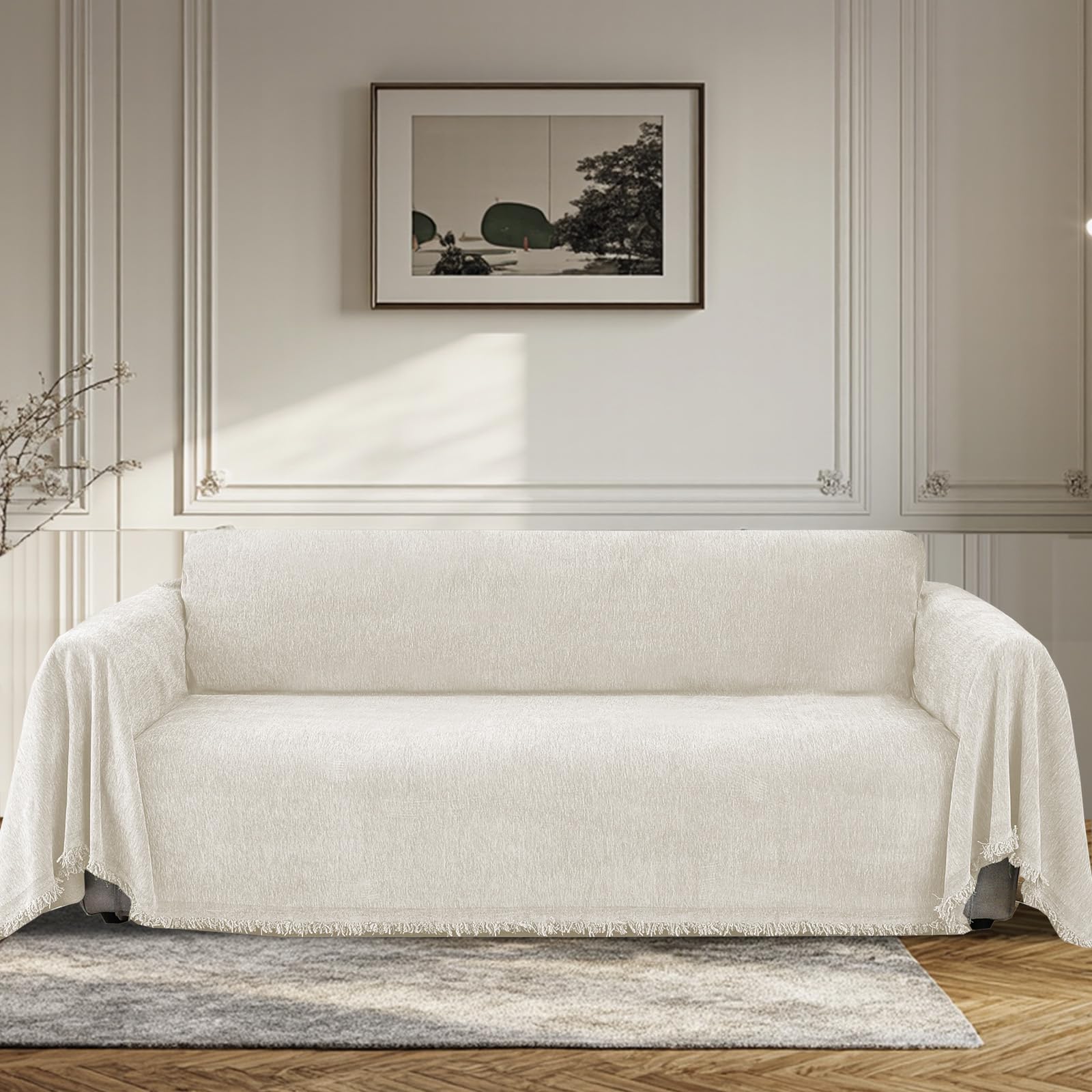Bellahills Beige Sofa Cover 3 Seater Chenille Sofa Covers 2 Seater Armchair Covers L Shape Sofa Slipcover Non-Slip Couch Covers With Tassel Sofa Protector From Dogs, 180X340cm,
