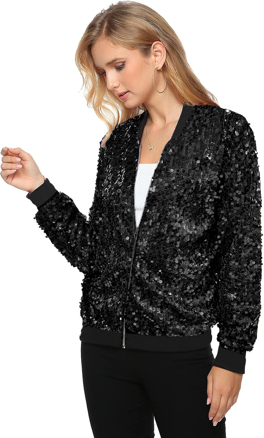 Womens Long Sleeve Sequin Open Front Zipper Jacket with Ribbed Cuffs - Image 2