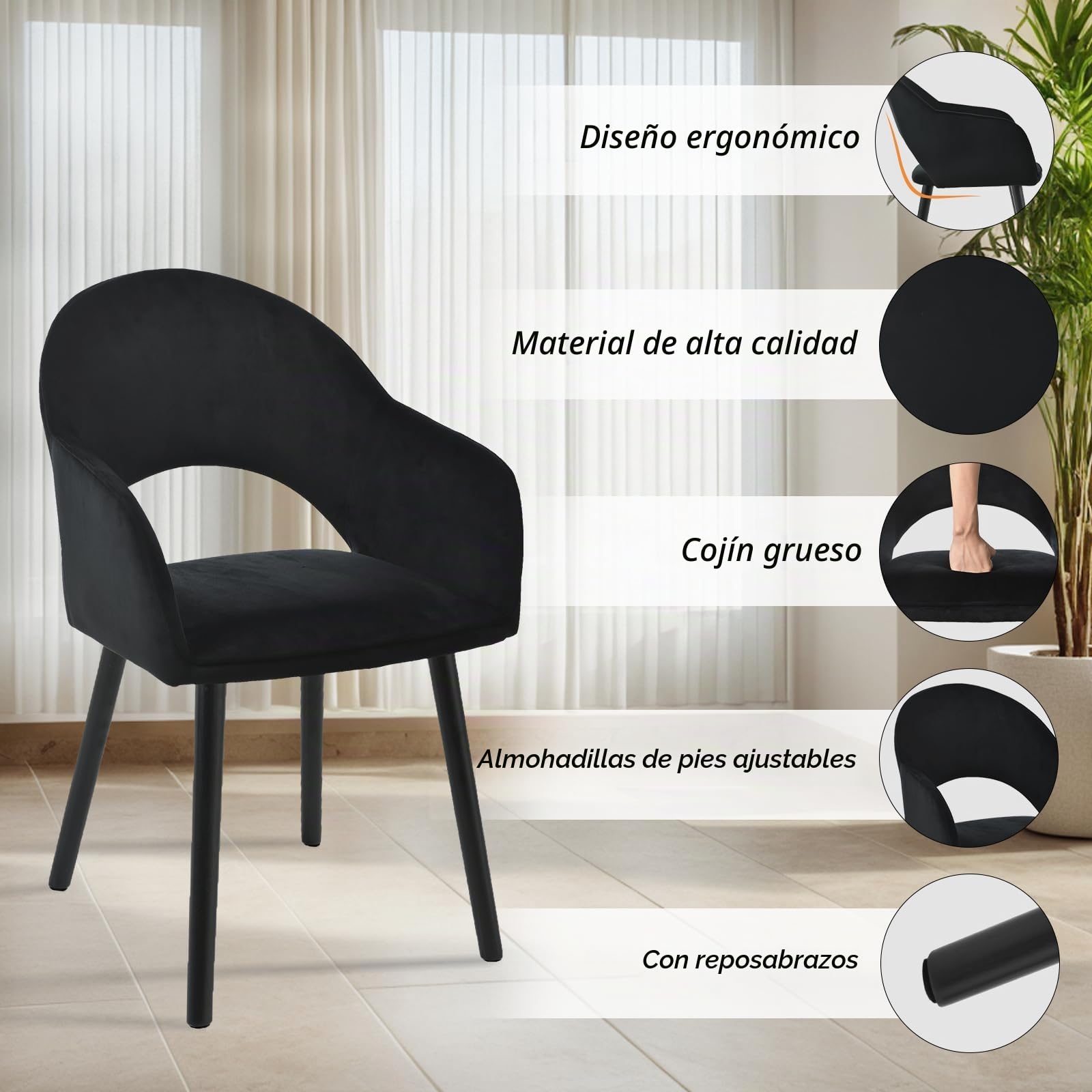 Juego de 4 Sillas de Comedor con Reposabrazos, Sillas Tapizadas para Salón y Cocina, Sillones Modernos con Patas de Madera - Negro