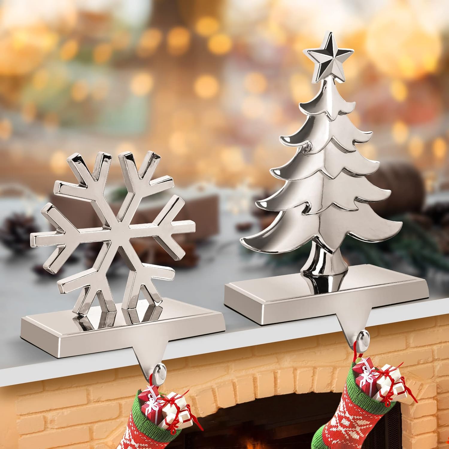 COPPATAOPP Christmas Stocking Holders for Mantle Set of 2, Snowflakes and Christmas Tree Metal Silver Stocking Holders for Mantle, Mantel Stocking Holder for Fireplace Mantel Christmas Decorations