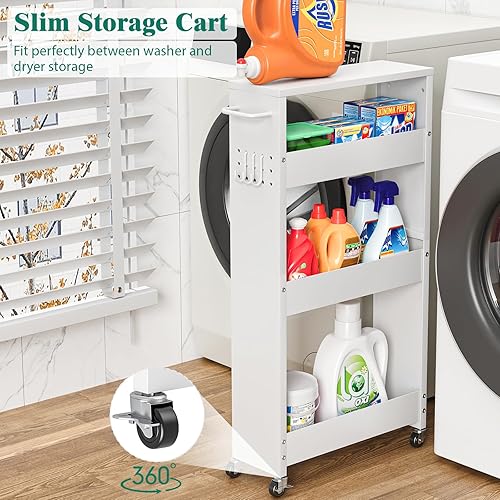 Miniatura 17 de Carrito de almacenamiento delgado, 5 pulgadas de ancho, carrito rodante blanco de 4 niveles con asa y parte superior de madera para cocina, baño,