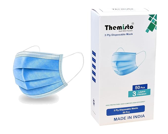 THEMISTO 50 PCs 3 Ply Protective Face Mask, Certified, Melt Blown - SMMS Layer Fabric, BFE >99% & PFE >99% | Disposable, Anti-Microbial, Reusable Masks with Adjustable Nose Pin