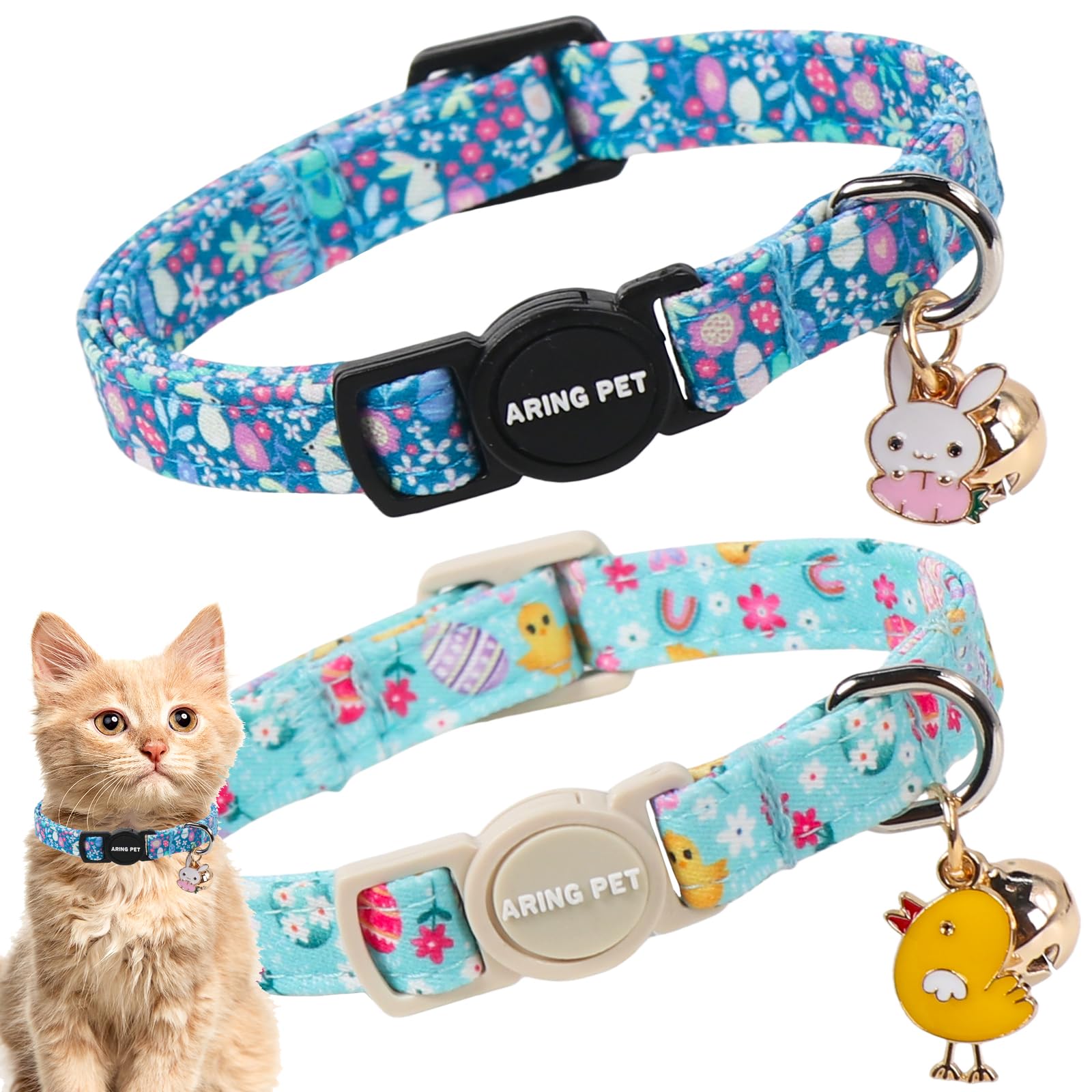 ARING PET 2 Pack Easter Dog Cat Collars, Cute Breakaway Kitten Small Easter Egg Rabbit Chick Collars with Bells for Girl Boy Cats-Blue & Mint Green