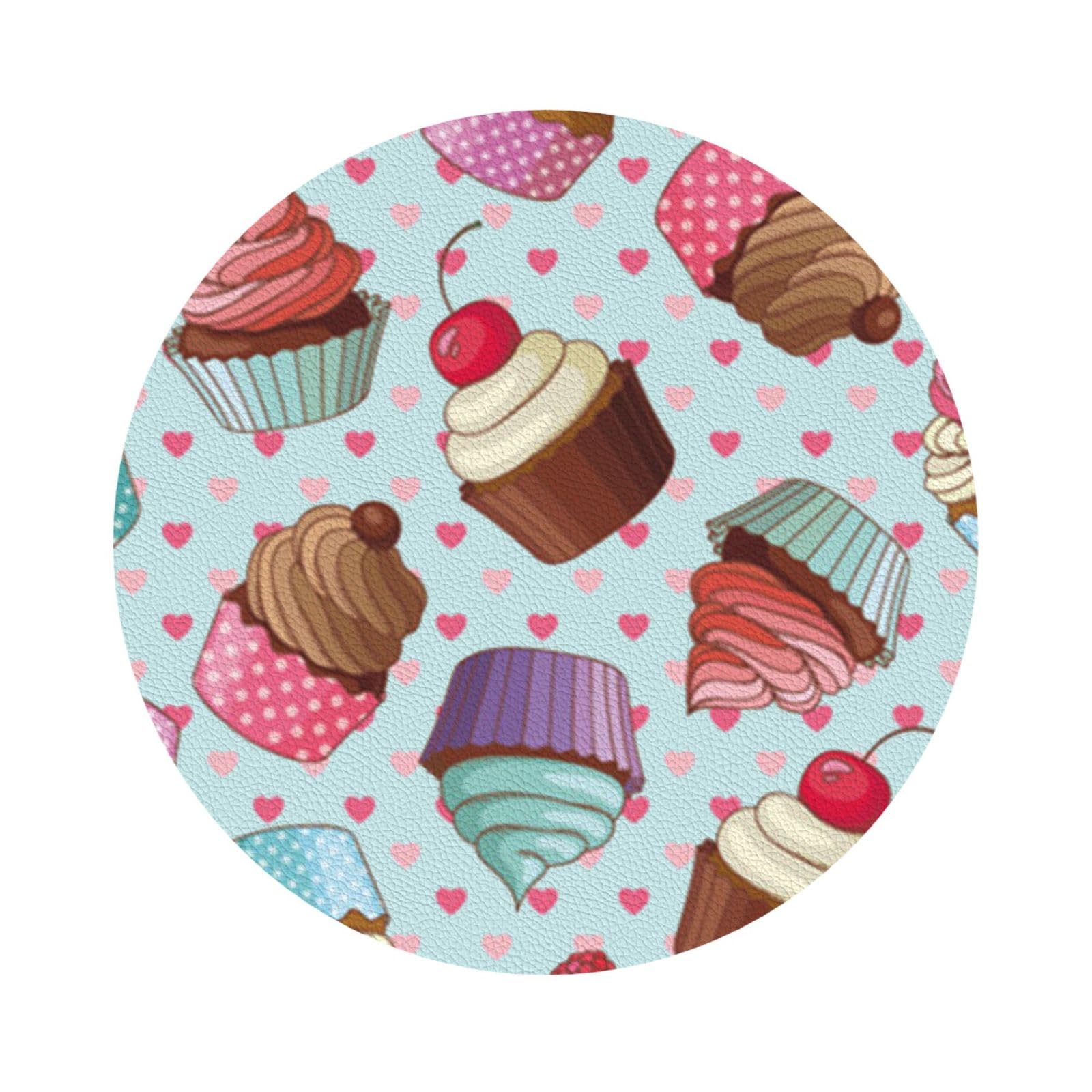 Cupcake Pattern PU Leather Coasters Set of 6 Round Drink Coasters