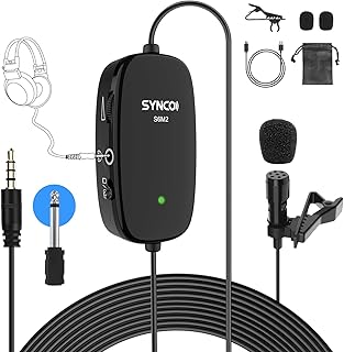 Lavalier Lapel Microphone, SYNCO Lav-S6M2 Lav Mic with 3.5mm Audio Monitorig Port, Low Cut & Gain Control for Smartphone PC Camera DSLR, 6M Cable for YouTube, Interview, Conference, Broadcast