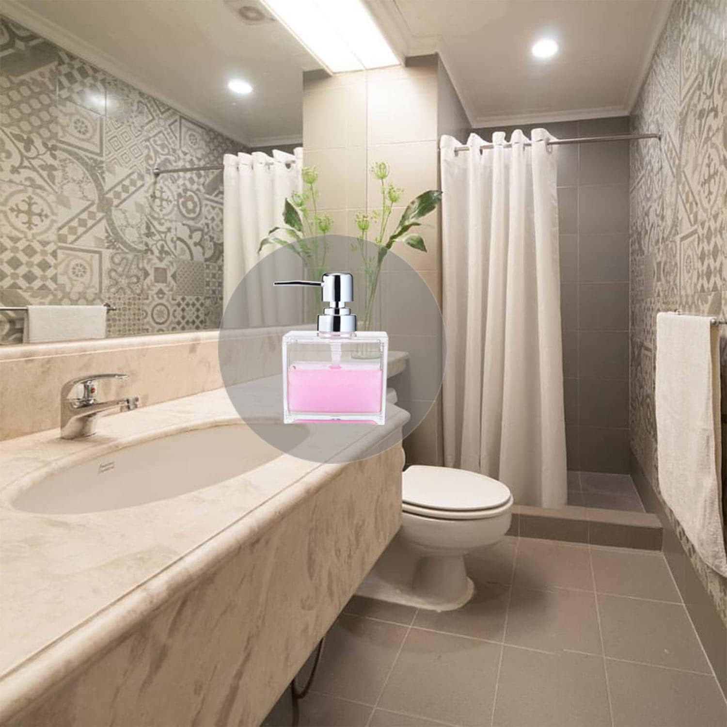 HONJAN Clear Acrylic Soap Dispenser, 13.5 oz Square Lucite Soap Dispenser with Pump (Chrome) Refillable Hand Soap Liquid Soap Dish Soap - Image 5