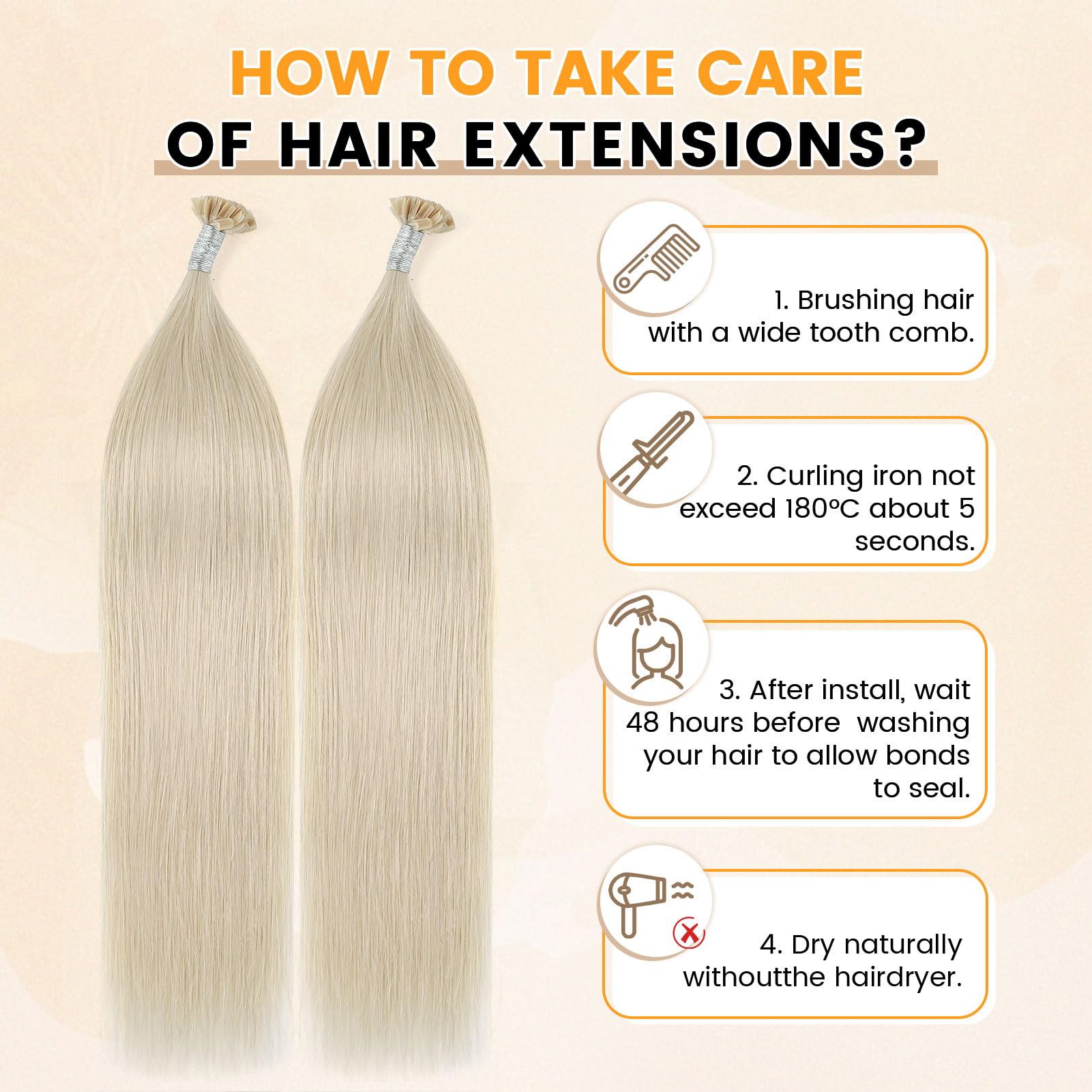 Yuniffe U Tip Real Human Hair Extensions - Hot Fusion Remy Straight Hair - Platinum Blonde, 24 inch, 50g/50s - Image 4